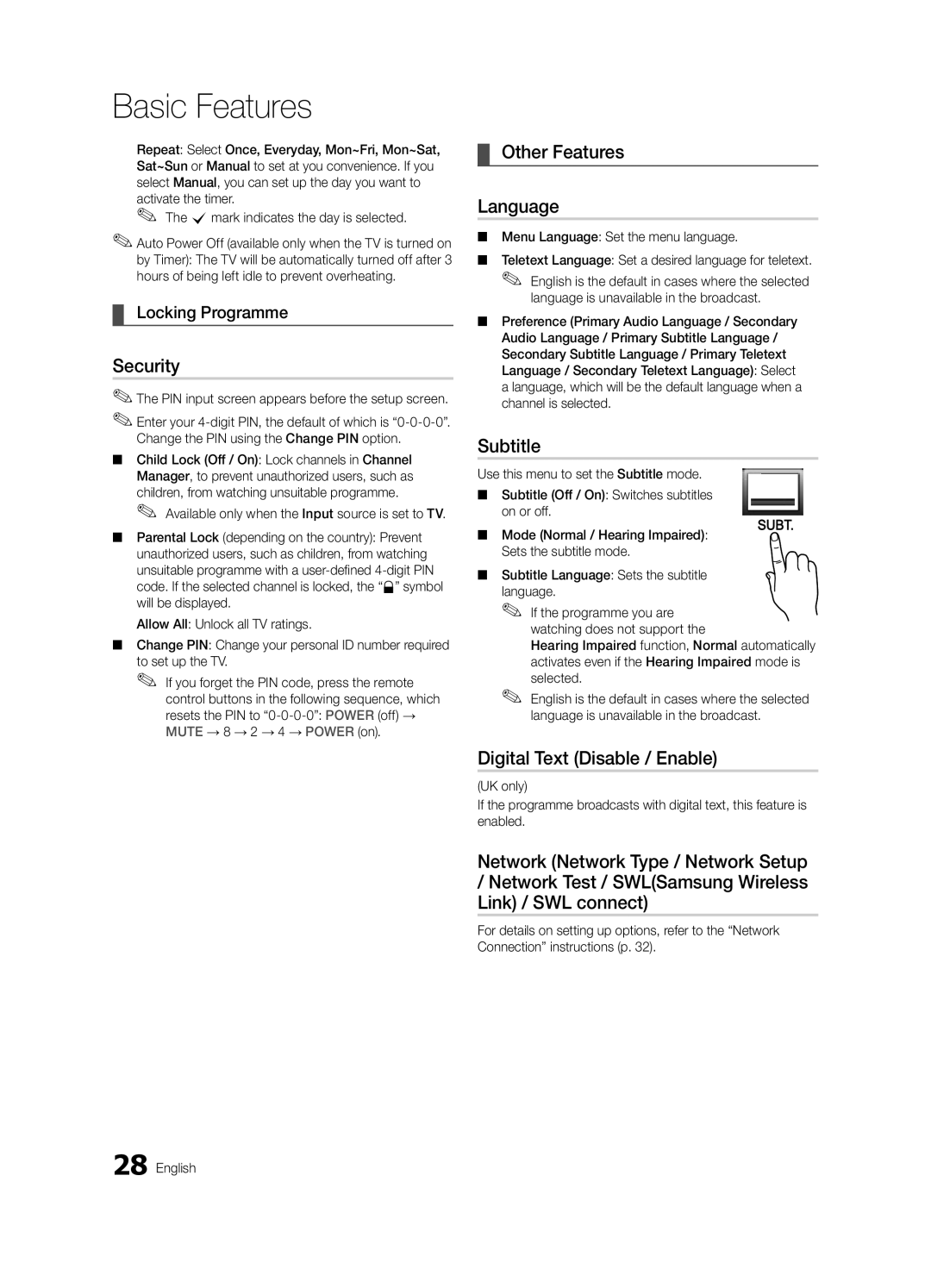 Samsung UE55C9000ZWXXC manual Security, Other Features Language, Subtitle, Digital Text Disable / Enable, Locking Programme 