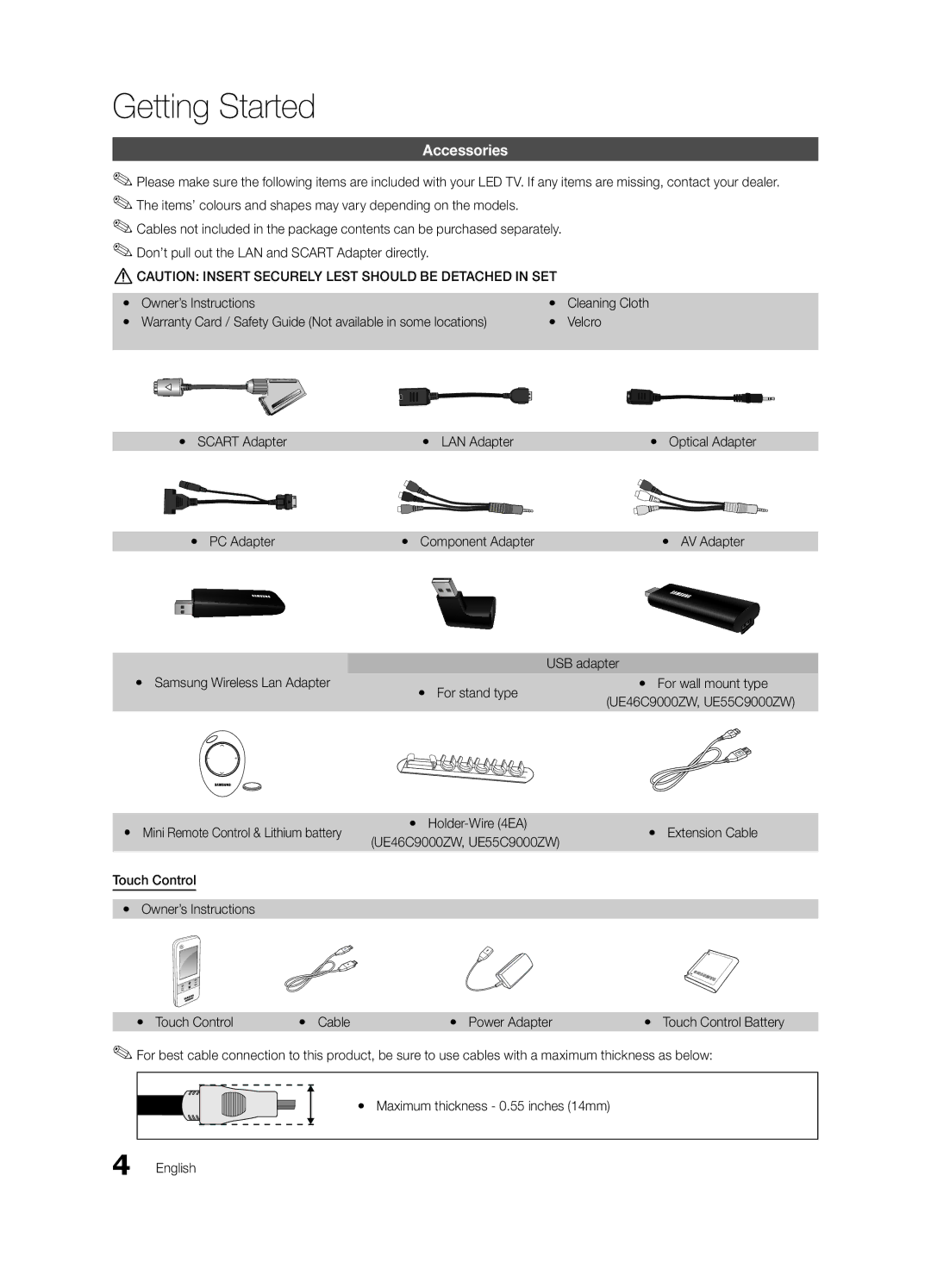 Samsung UE46C9000SWXXC manual Getting Started, Accessories, Yy PC Adapter, Holder-Wire 4EA, UE46C9000ZW, UE55C9000ZW 