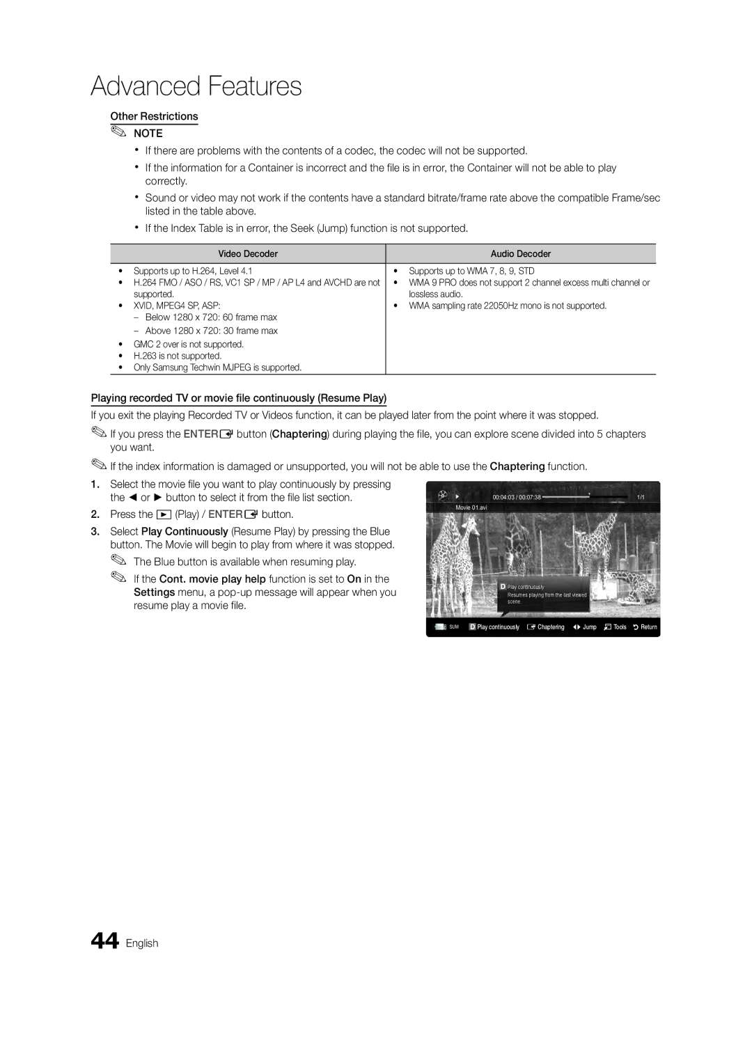 Samsung UE46C9000ZWXXC, UE55C9000ZWXXC manual Supported Lossless audio, WMA sampling rate 22050Hz mono is not supported 