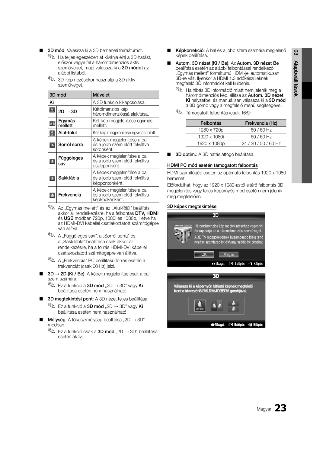 Samsung UE55C9000SWXZF manual Képek megjelenítése a bal, Támogatott felbontás csak Felbontás Frekvencia Hz, OK Mégse 