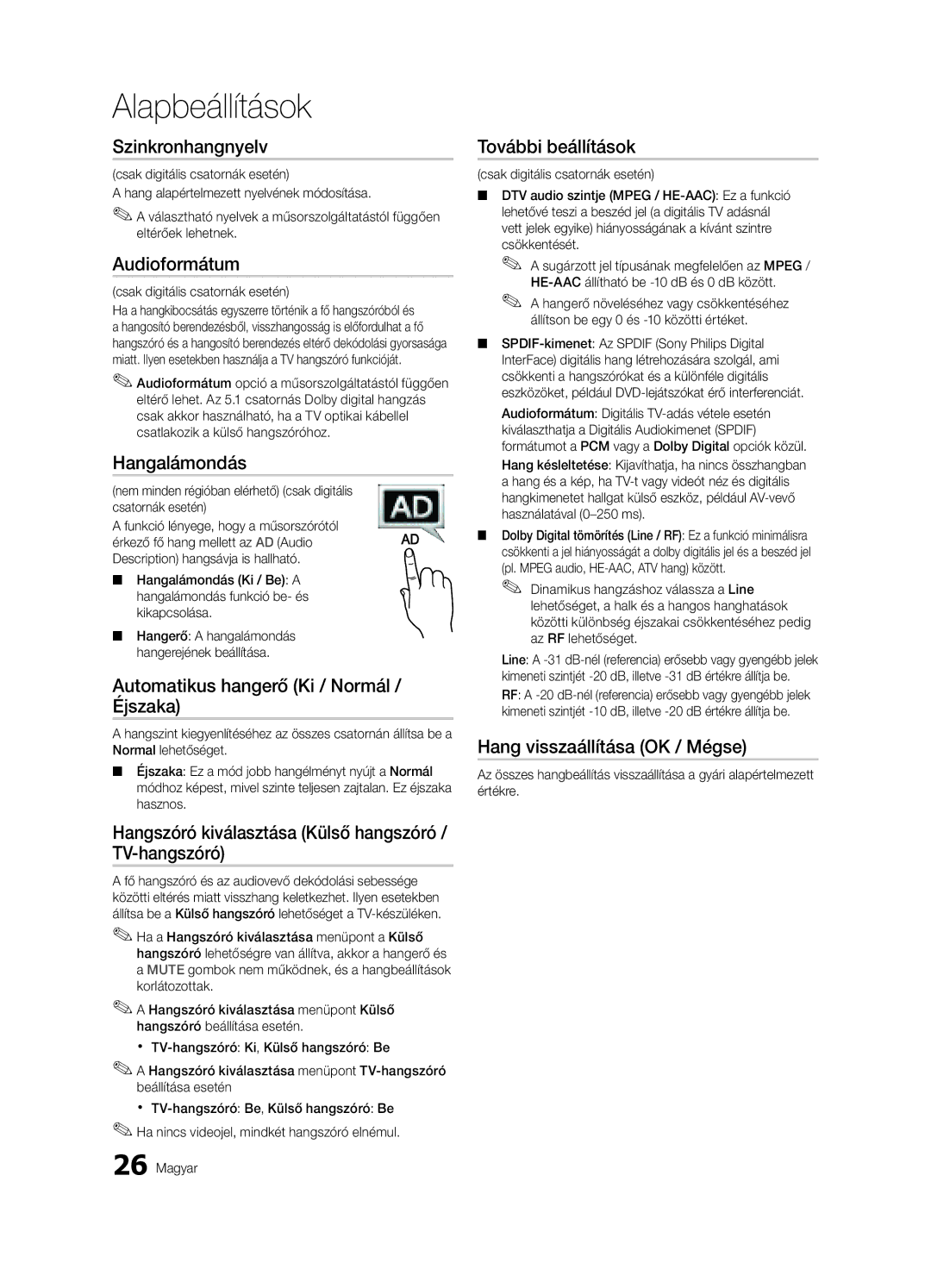 Samsung UE55C9000SWXXC manual Szinkronhangnyelv, Audioformátum, Hangalámondás, Automatikus hangerő Ki / Normál / Éjszaka 