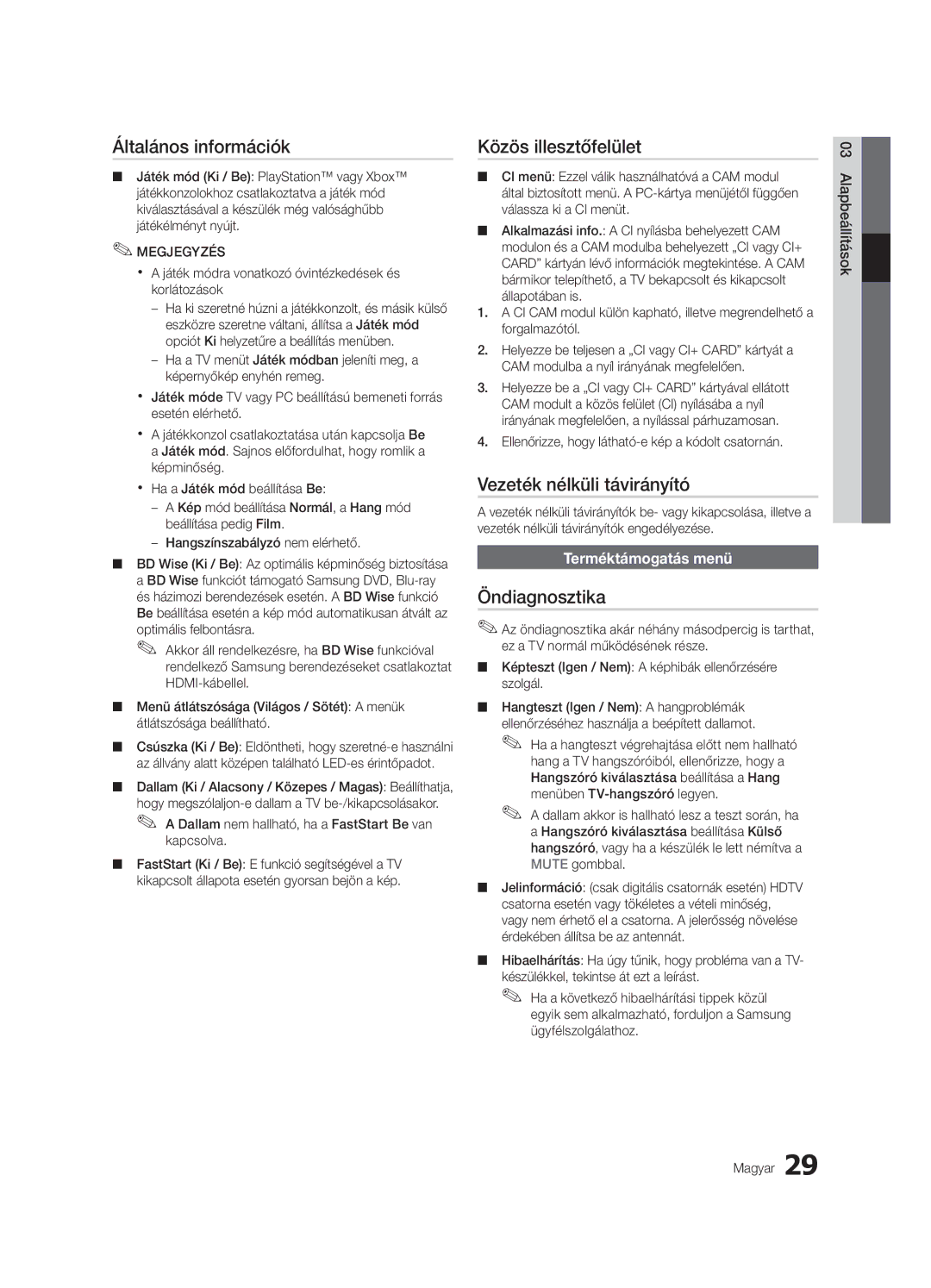 Samsung UE55C9000ZWXXH manual Általános információk, Közös illesztőfelület, Vezeték nélküli távirányító, Öndiagnosztika 