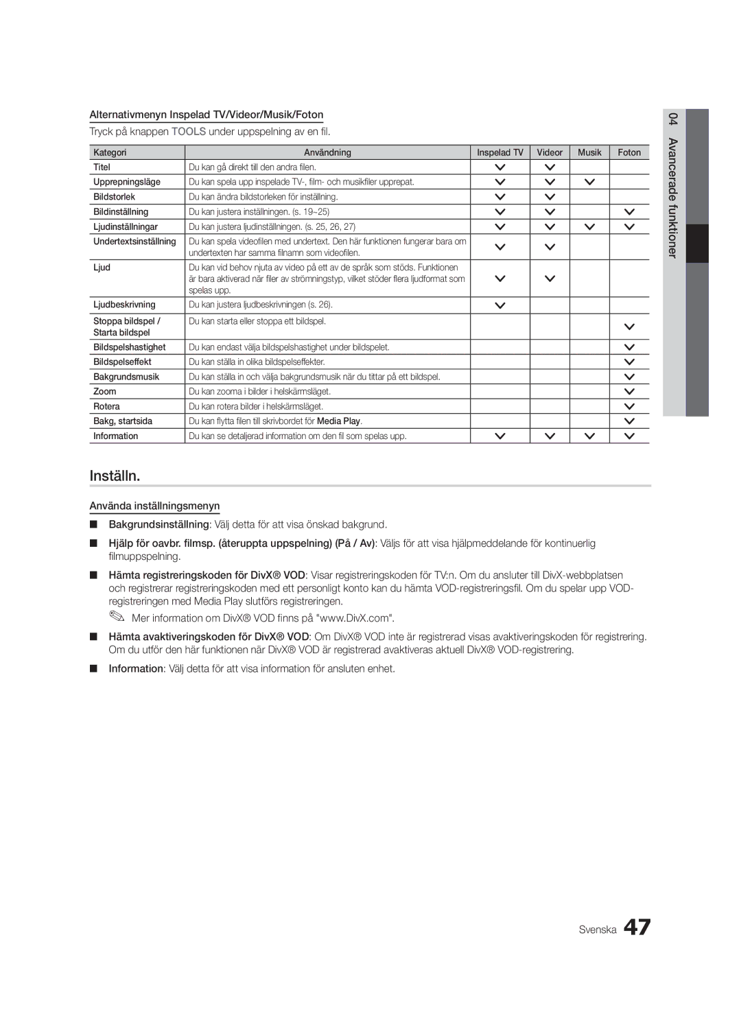 Samsung UE55C9000SKXXU, UE55C9090SWXZG, UE55C9000ZWXXC manual Inställn, Undertexten har samma filnamn som videofilen Ljud 