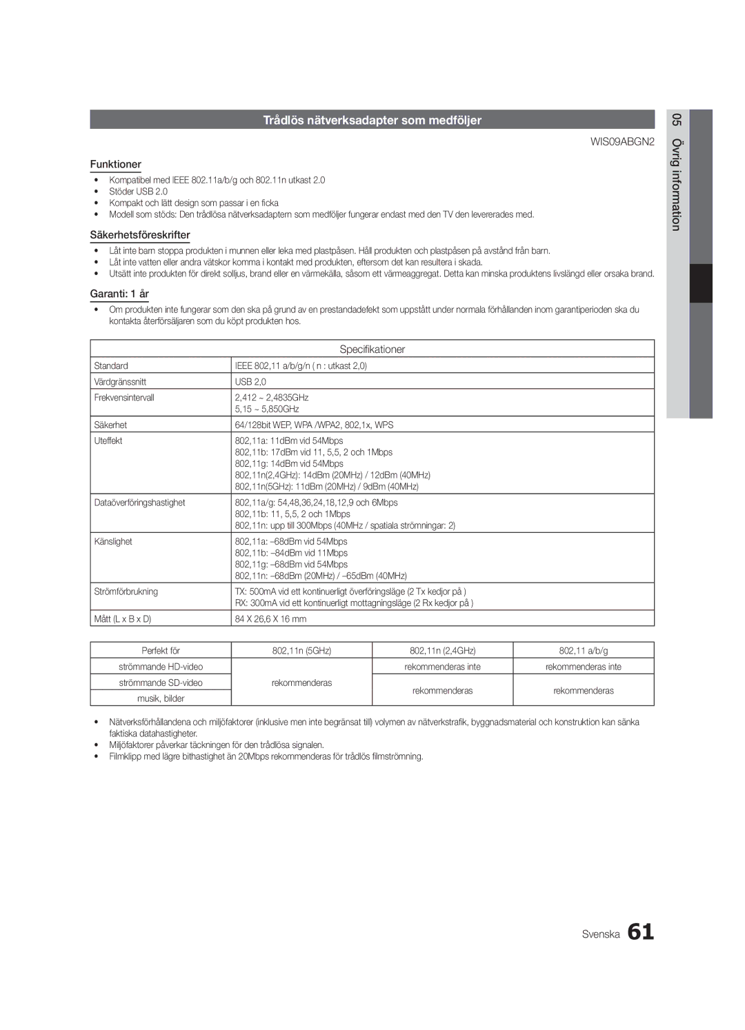 Samsung UE55C9000ZWXTK manual Trådlös nätverksadapter som medföljer, Funktioner, Säkerhetsföreskrifter, Garanti 1 år 