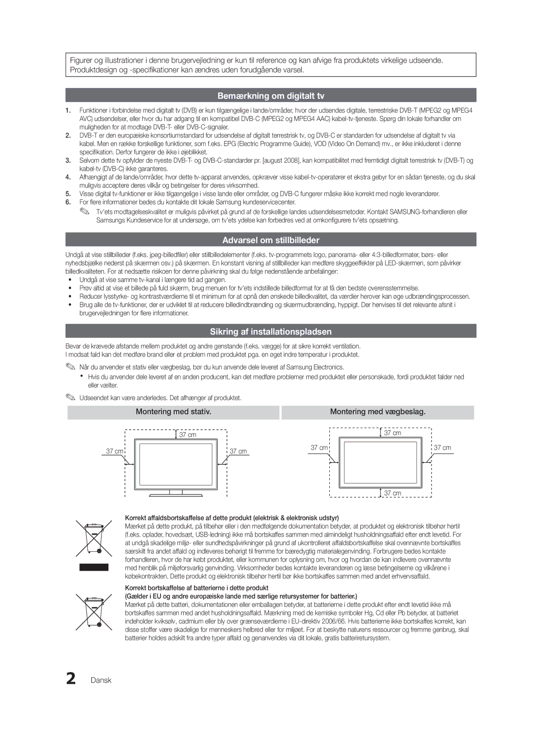 Samsung UE55C9000ZWXXH, UE55C9090SWXZG, UE55C9000ZWXXC, UE55C9000SWXXN, UE55C9090ZWXZG Montering med vægbeslag, Dansk, 37 cm 