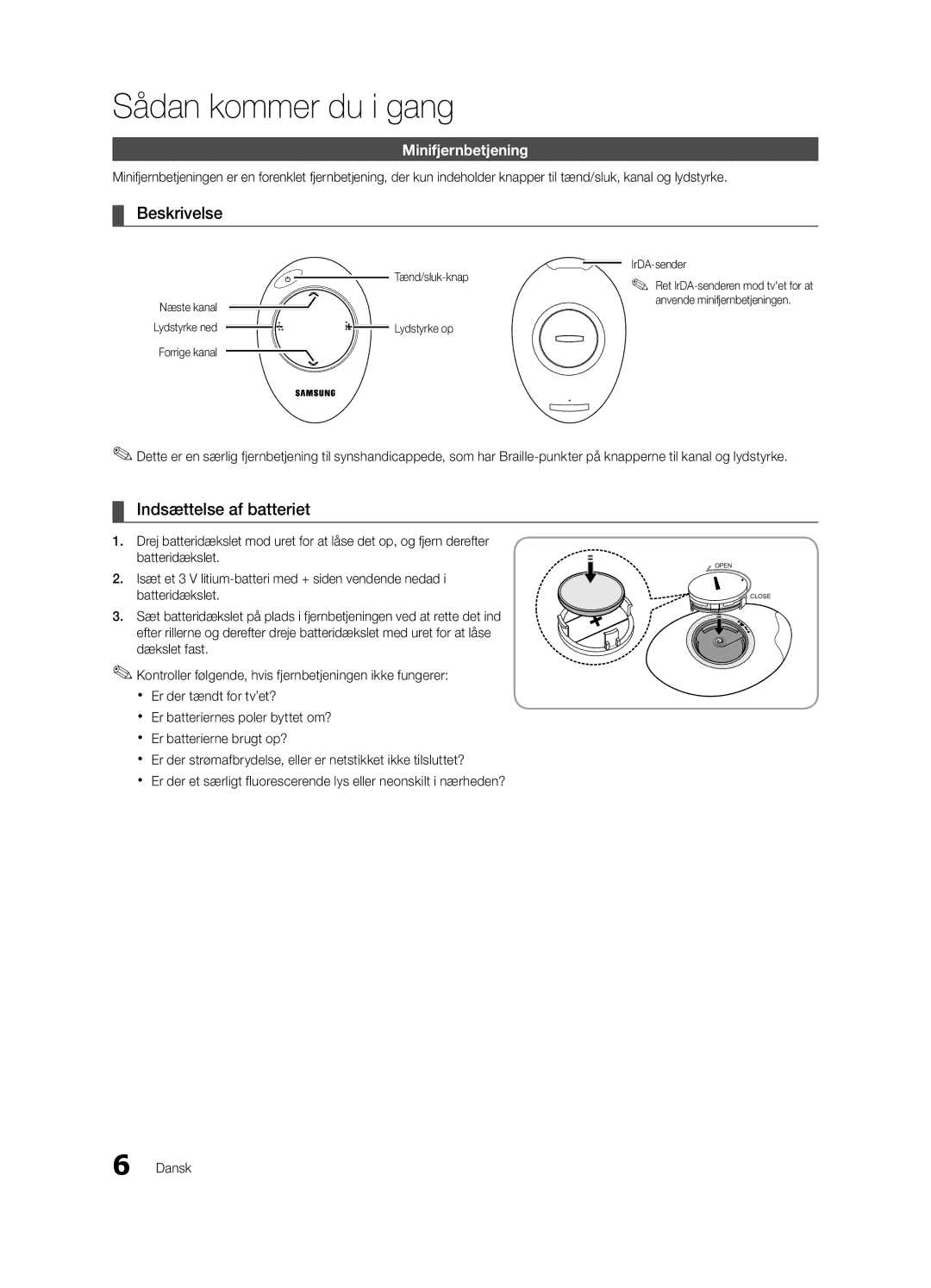 Samsung UE46C9005SWXXE Beskrivelse, Indsættelse af batteriet, Minifjernbetjening, Tænd/sluk-knap IrDA-sender, Lydstyrke op 