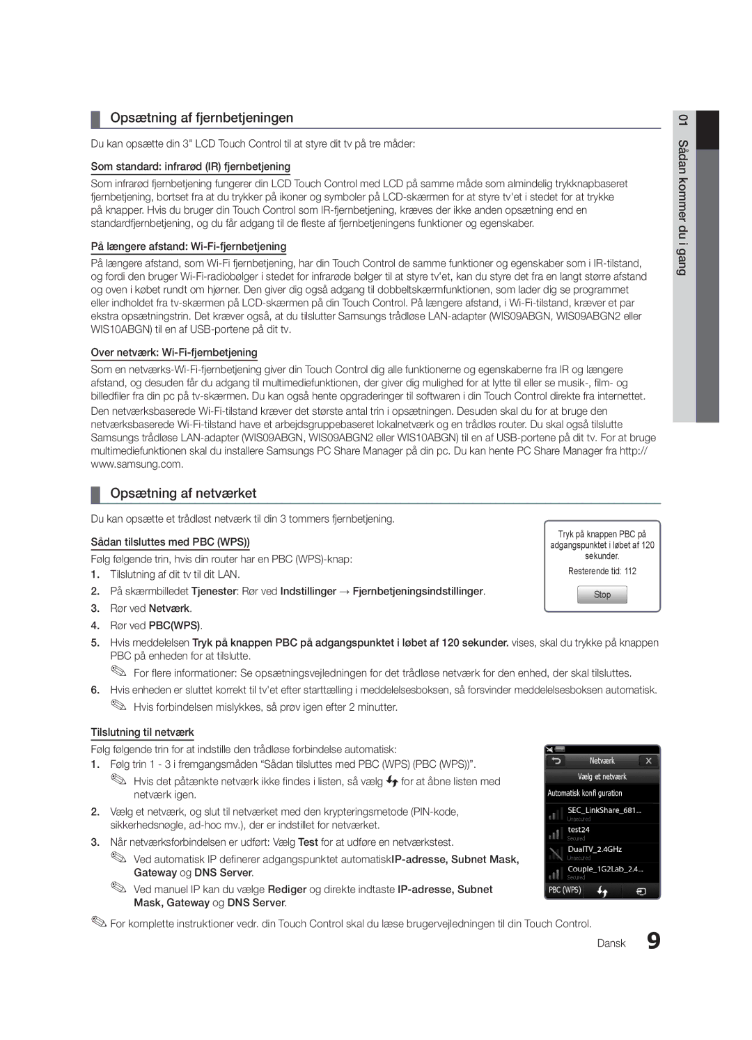 Samsung UE46C9005ZWXXE, UE55C9090SWXZG, UE55C9000ZWXXC, UE55C9000SWXXN Opsætning af fjernbetjeningen, Opsætning af netværket 