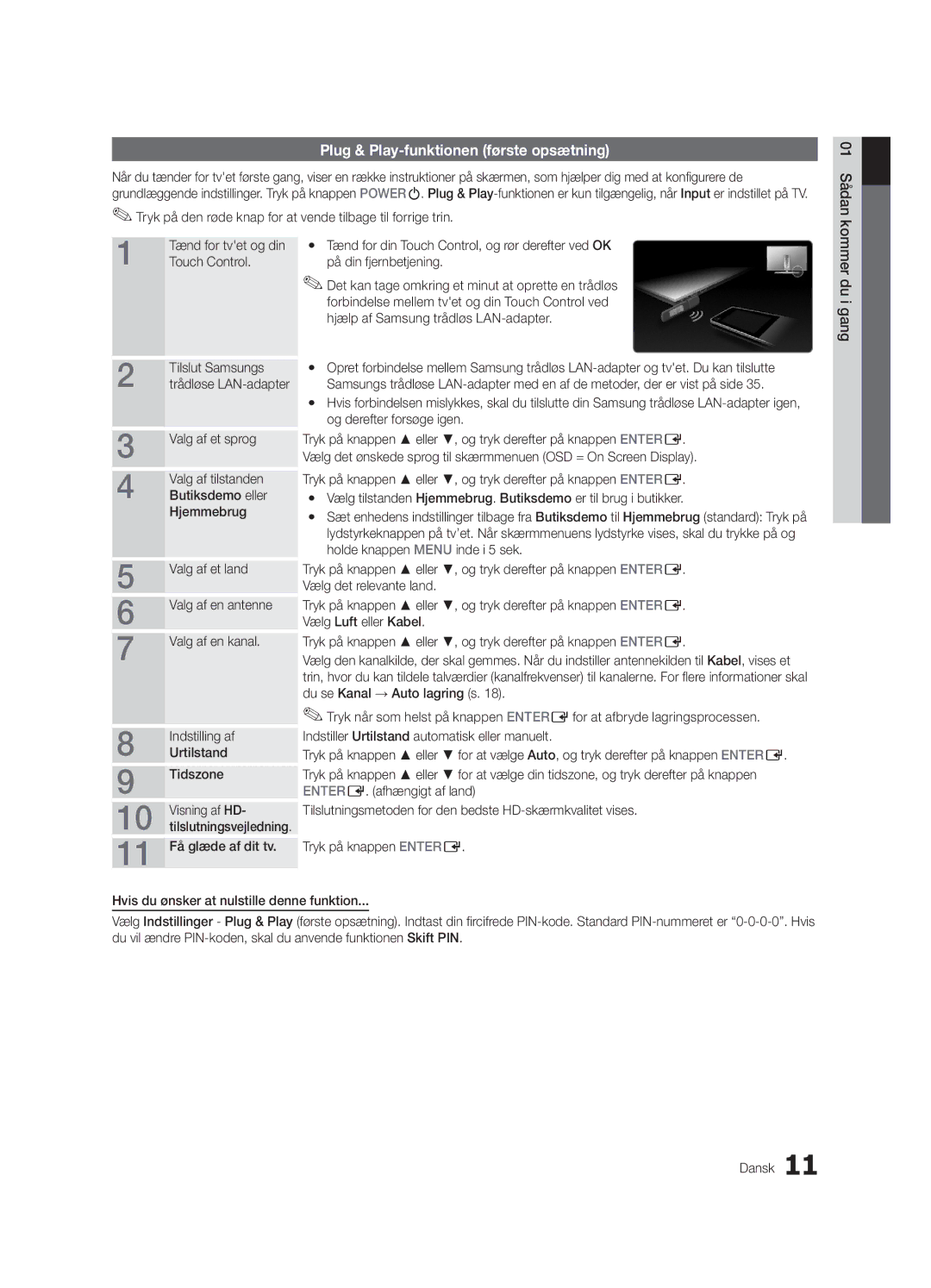 Samsung UE55C9000SWXZG, UE55C9090SWXZG, UE55C9000ZWXXC, UE55C9000SWXXN manual Plug & Play-funktionen første opsætning 