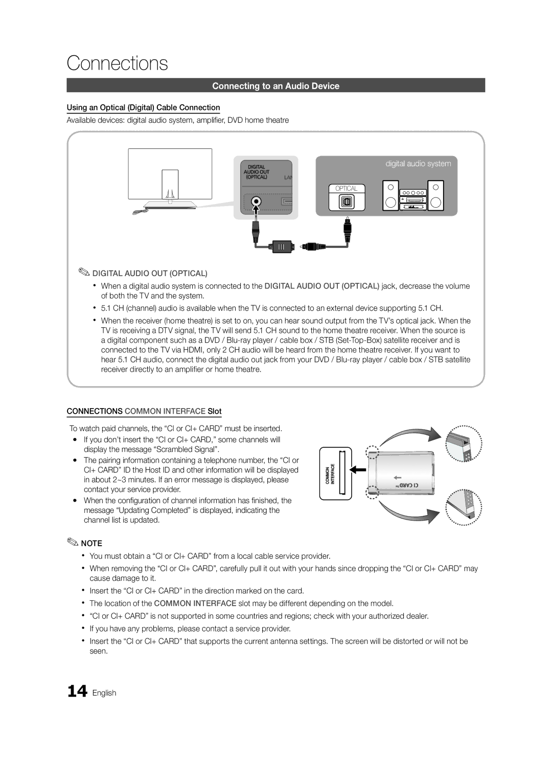 Samsung UE46C9005SWXXE, UE55C9090SWXZG, UE55C9000ZWXXC manual Connecting to an Audio Device, Digital Audio OUT Optical 