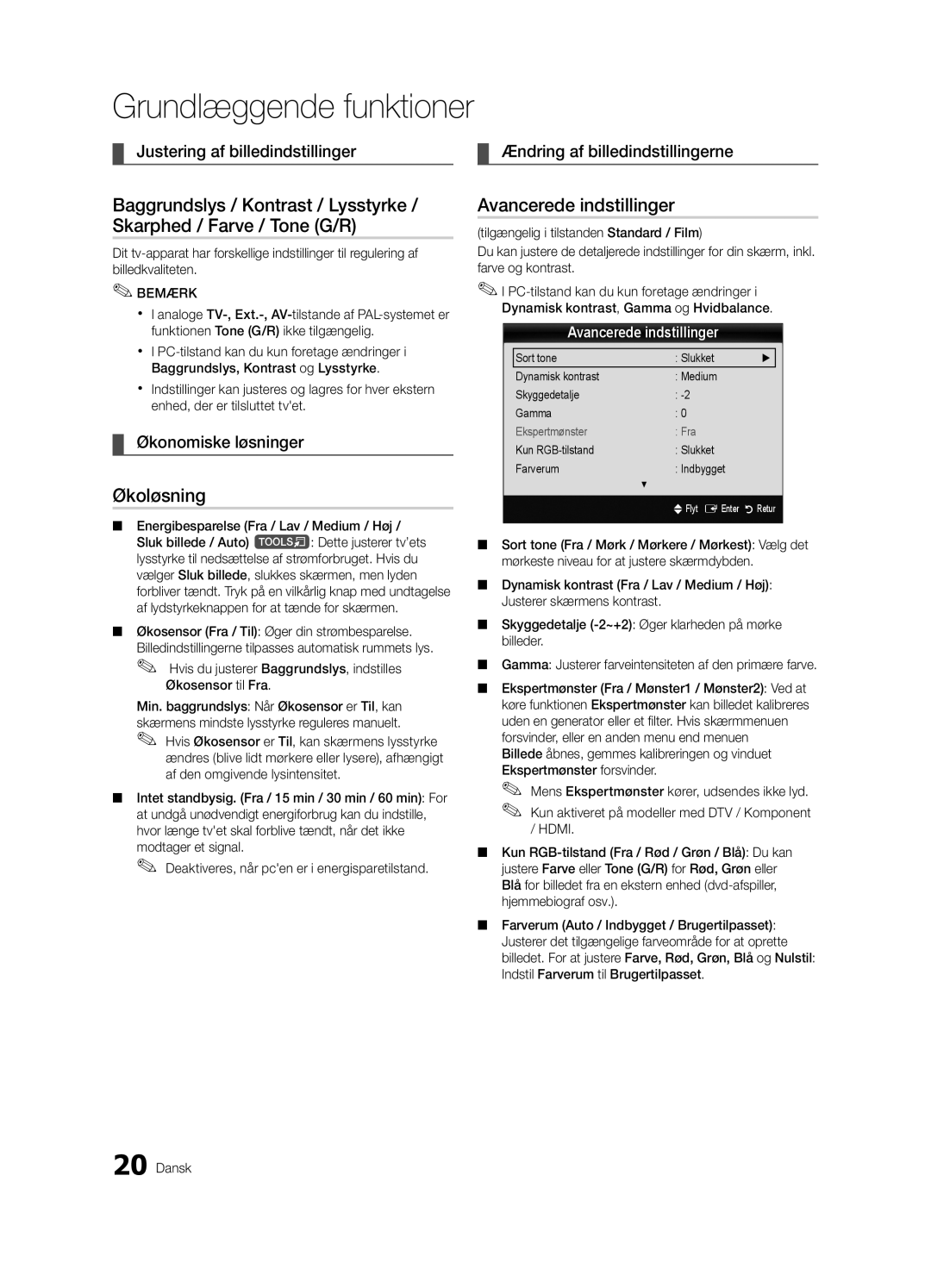 Samsung UE55C9000SWXXC, UE55C9090SWXZG, UE55C9000ZWXXC manual Økoløsning, Avancerede indstillinger, Økonomiske løsninger 