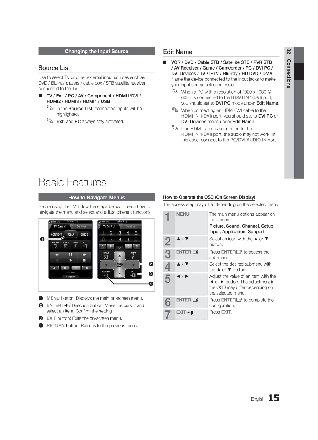 Samsung UE40C9005SWXXE manual Basic Features, Source List, Edit Name, Changing the Input Source, How to Navigate Menus 