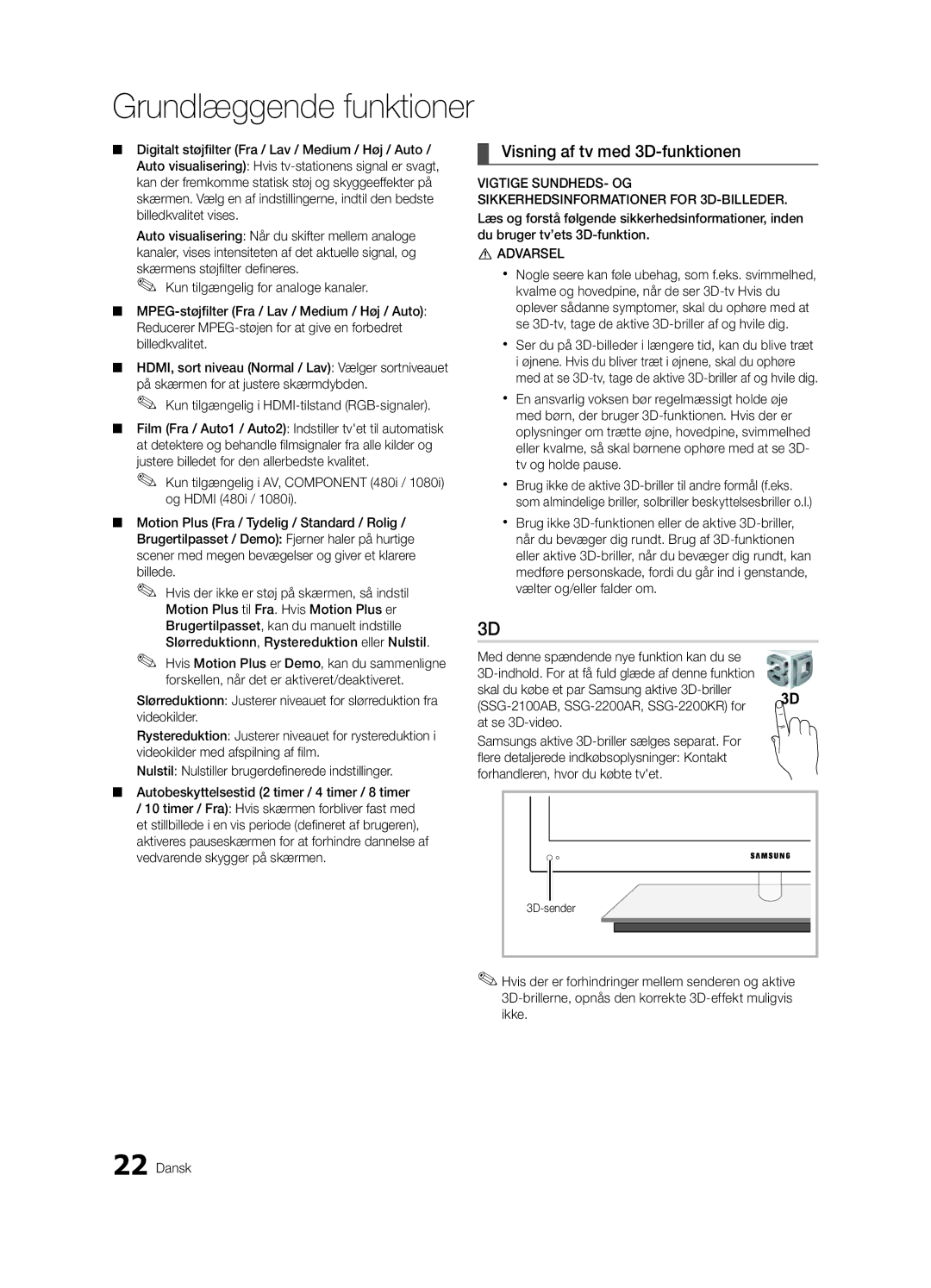 Samsung UE55C9000ZWXXH manual Visning af tv med 3D-funktionen, Kun tilgængelig i HDMI-tilstand RGB-signaler, 3D-sender 