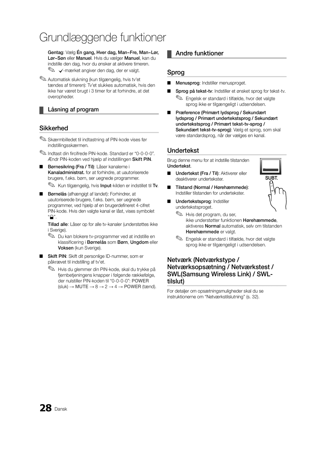 Samsung UE55C9005ZWXXE manual Sikkerhed, Andre funktioner Sprog, Undertekst, Låsning af program, Deaktiverer undertekster 