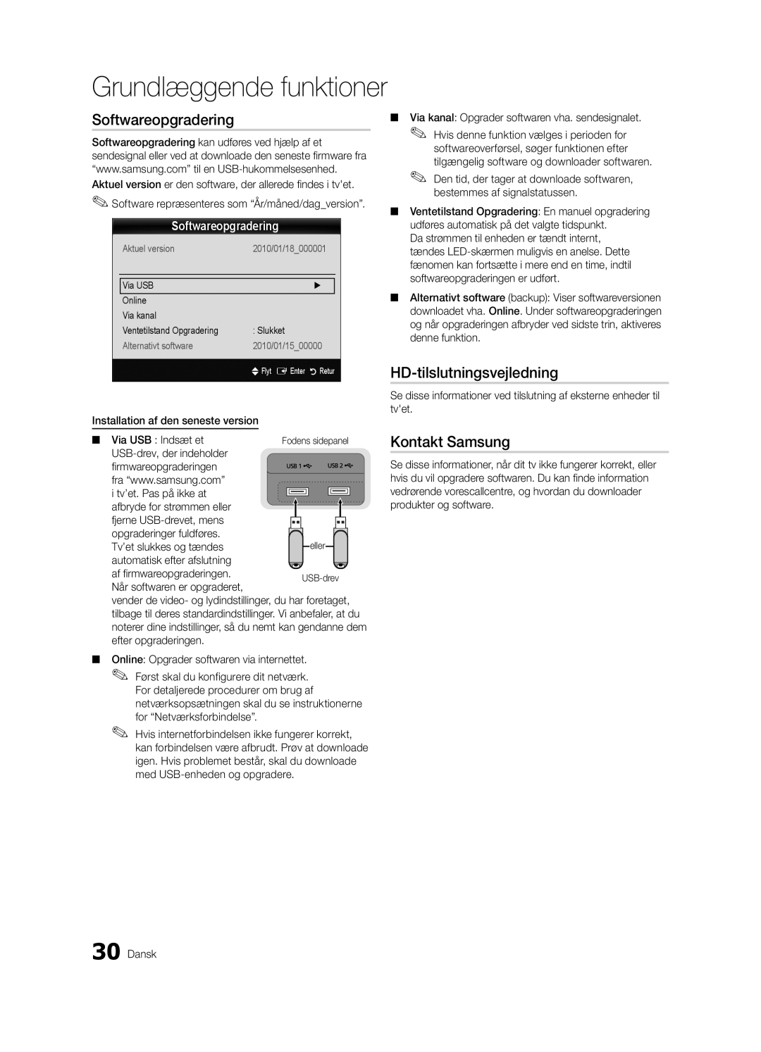 Samsung UE55C9080SWXZG, UE55C9090SWXZG, UE55C9000ZWXXC manual Softwareopgradering, HD-tilslutningsvejledning, Kontakt Samsung 