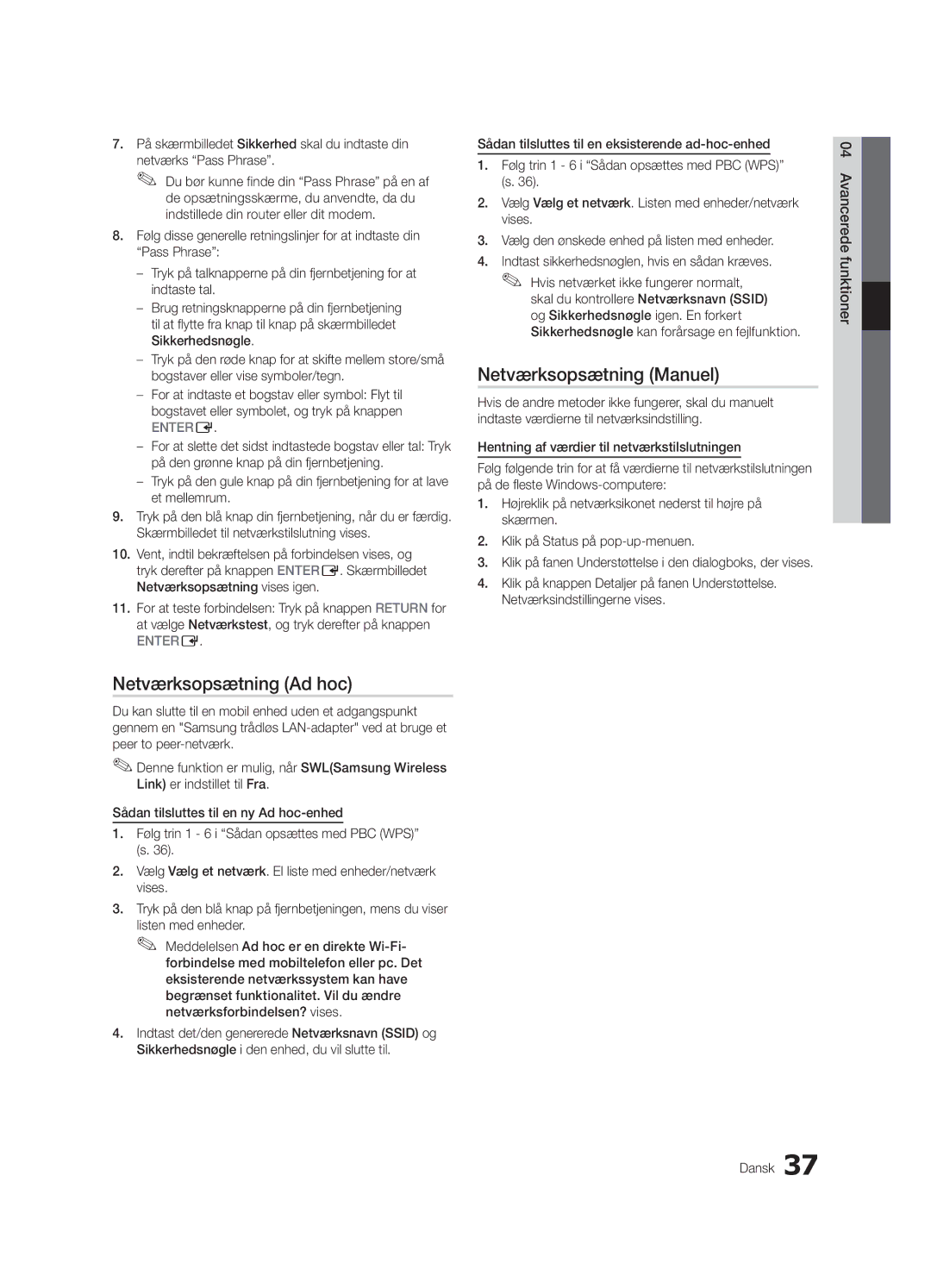 Samsung UE55C9000ZWXTK, UE55C9090SWXZG, UE55C9000ZWXXC, UE55C9000SWXXN Netværksopsætning Ad hoc, Netværksopsætning Manuel 