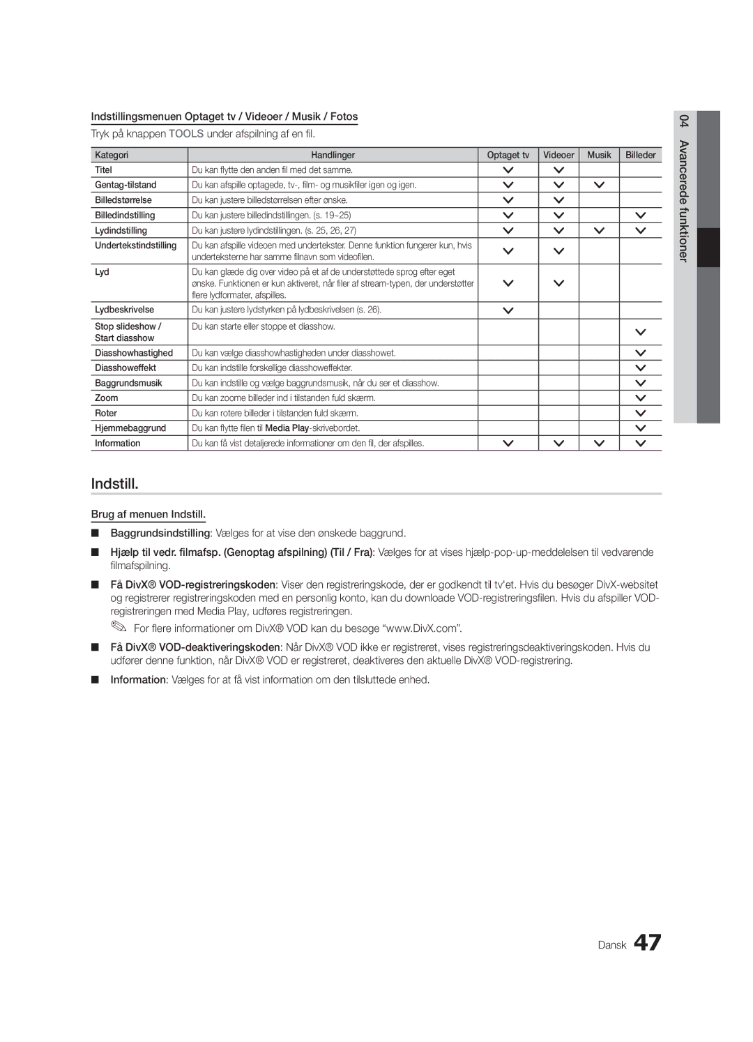 Samsung UE40C9005SWXXE, UE55C9090SWXZG, UE55C9000ZWXXC manual Indstill, Underteksterne har samme filnavn som videofilen Lyd 