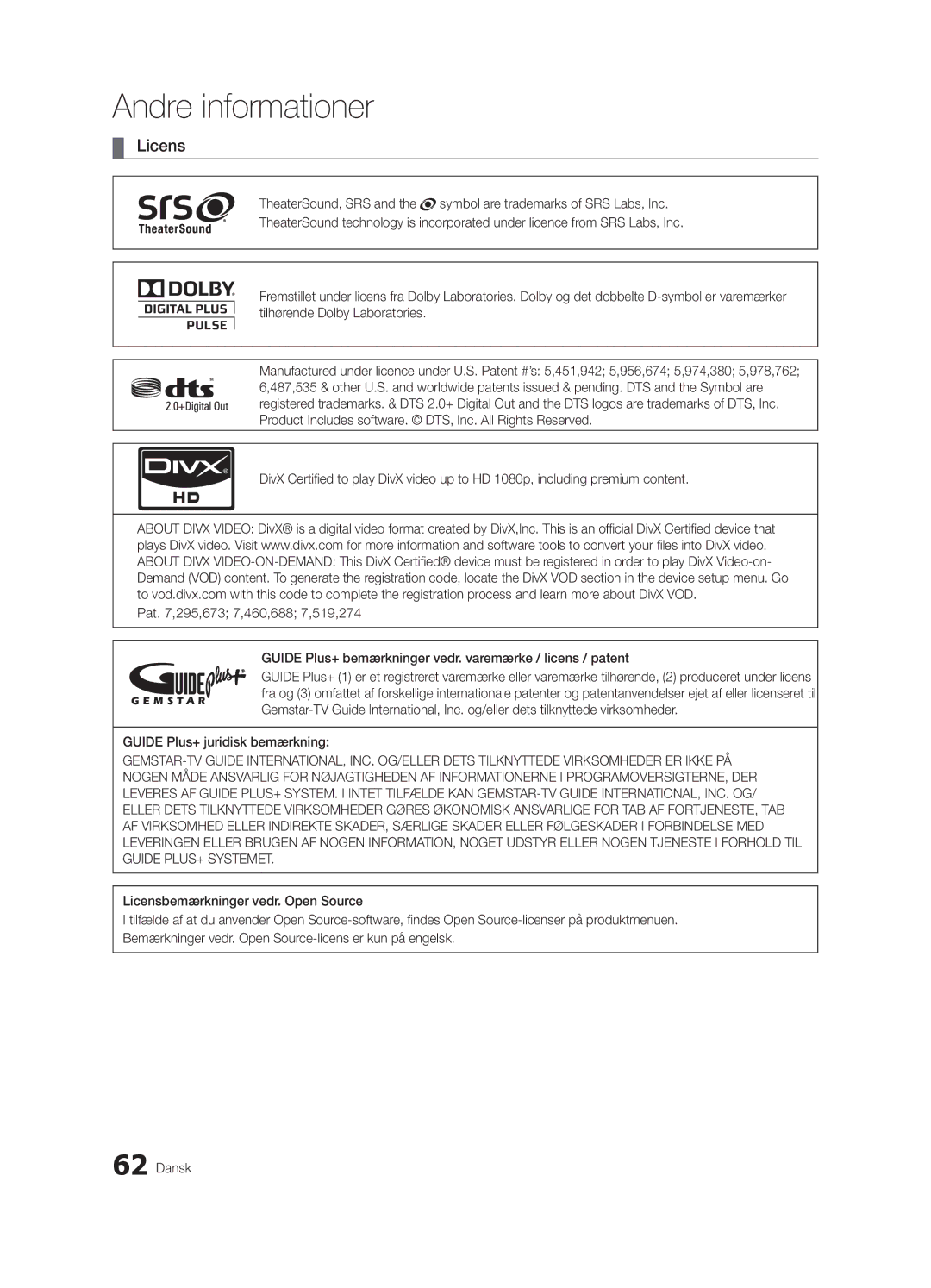 Samsung UE55C9000ZWXXH, UE55C9090SWXZG, UE55C9000ZWXXC, UE55C9000SWXXN manual Licens, Guide Plus+ juridisk bemærkning 