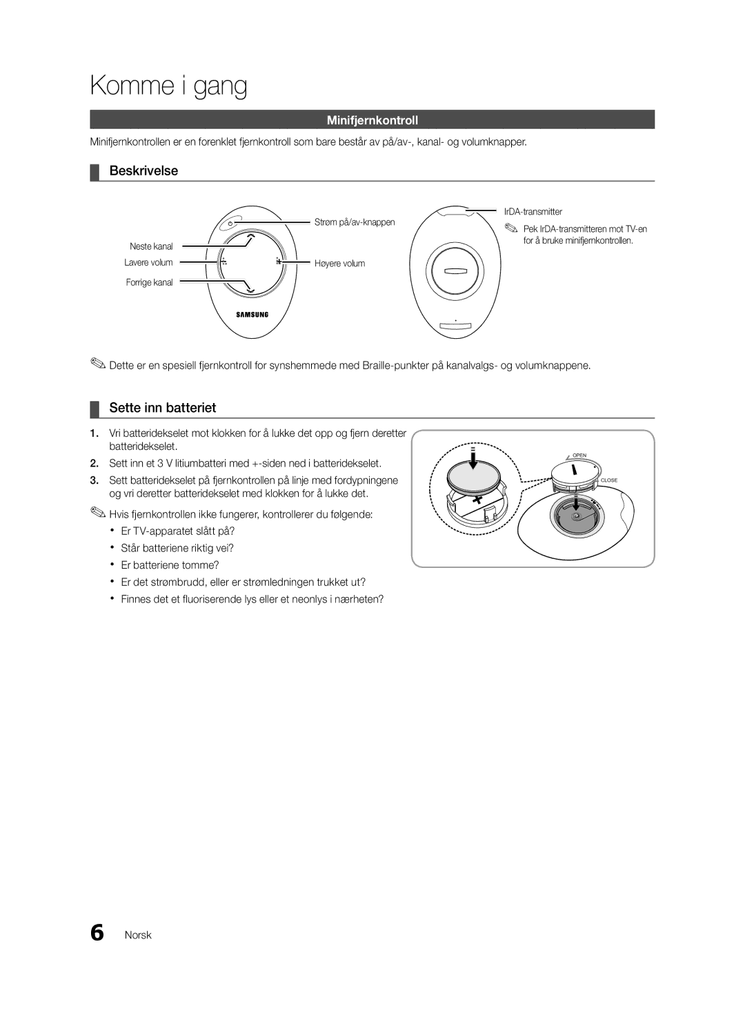 Samsung UE55C9080SWXZG manual Sette inn batteriet, Minifjernkontroll, Strøm på/av-knappen IrDA-transmitter, Høyere volum 