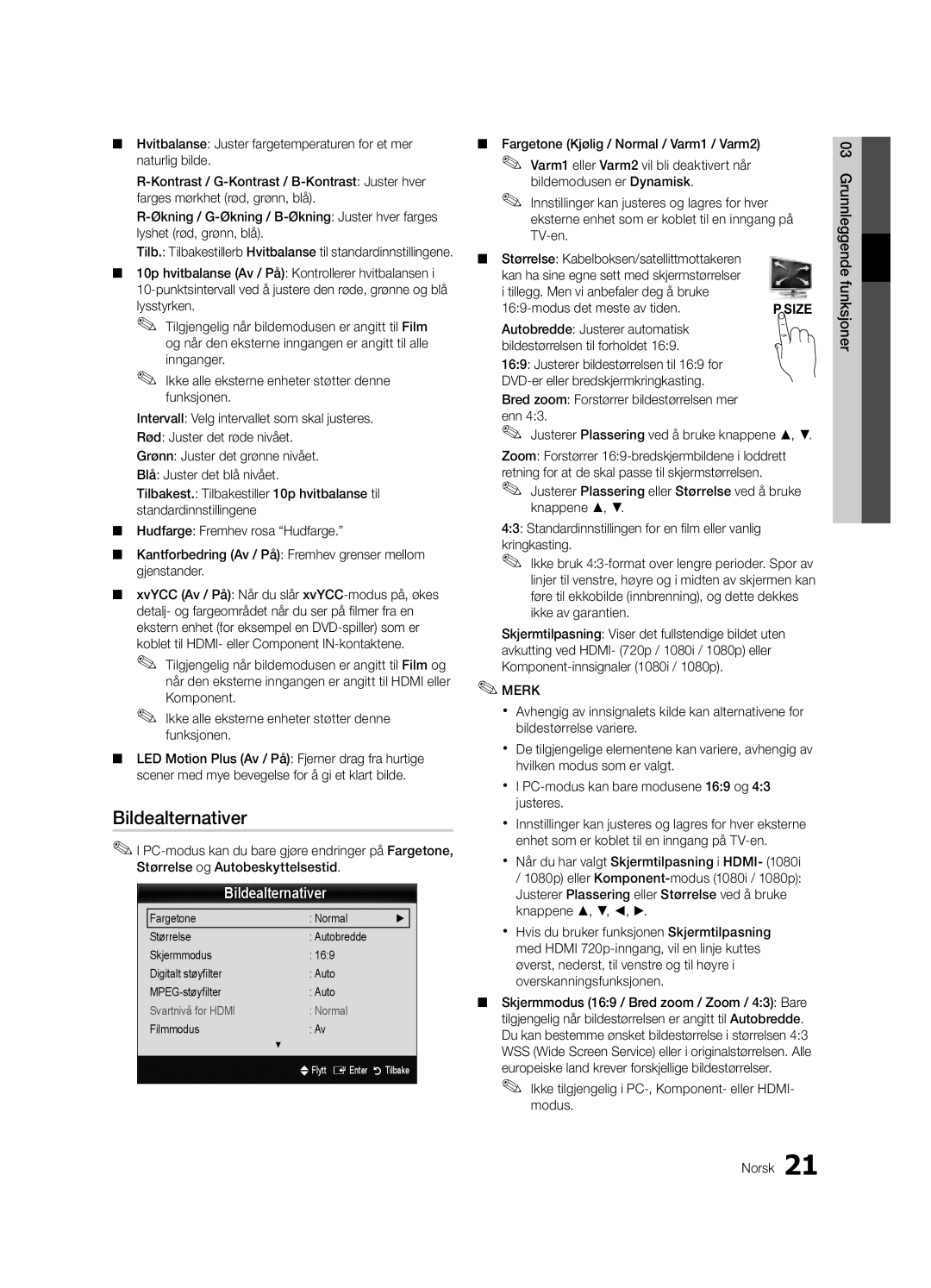 Samsung UE55C9005SWXXE, UE55C9090SWXZG, UE55C9000ZWXXC manual Bildealternativer, Fargetone Normal Størrelse, Filmmodus 