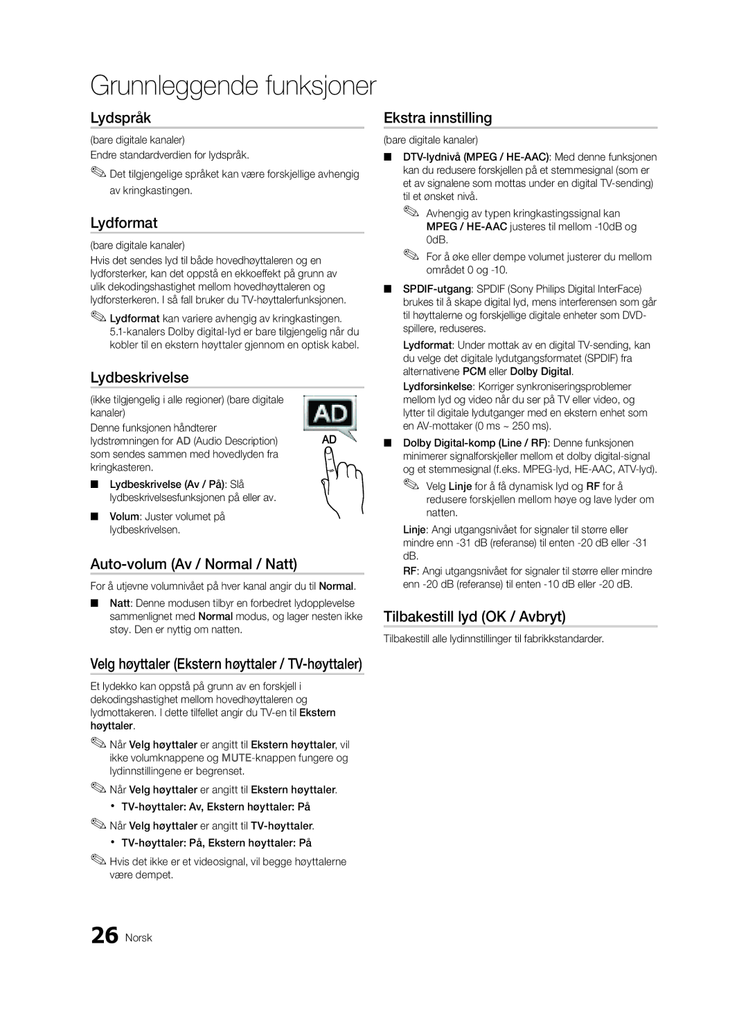 Samsung UE55C9080SWXZG manual Lydspråk, Auto-volum Av / Normal / Natt, Ekstra innstilling, Tilbakestill lyd OK / Avbryt 