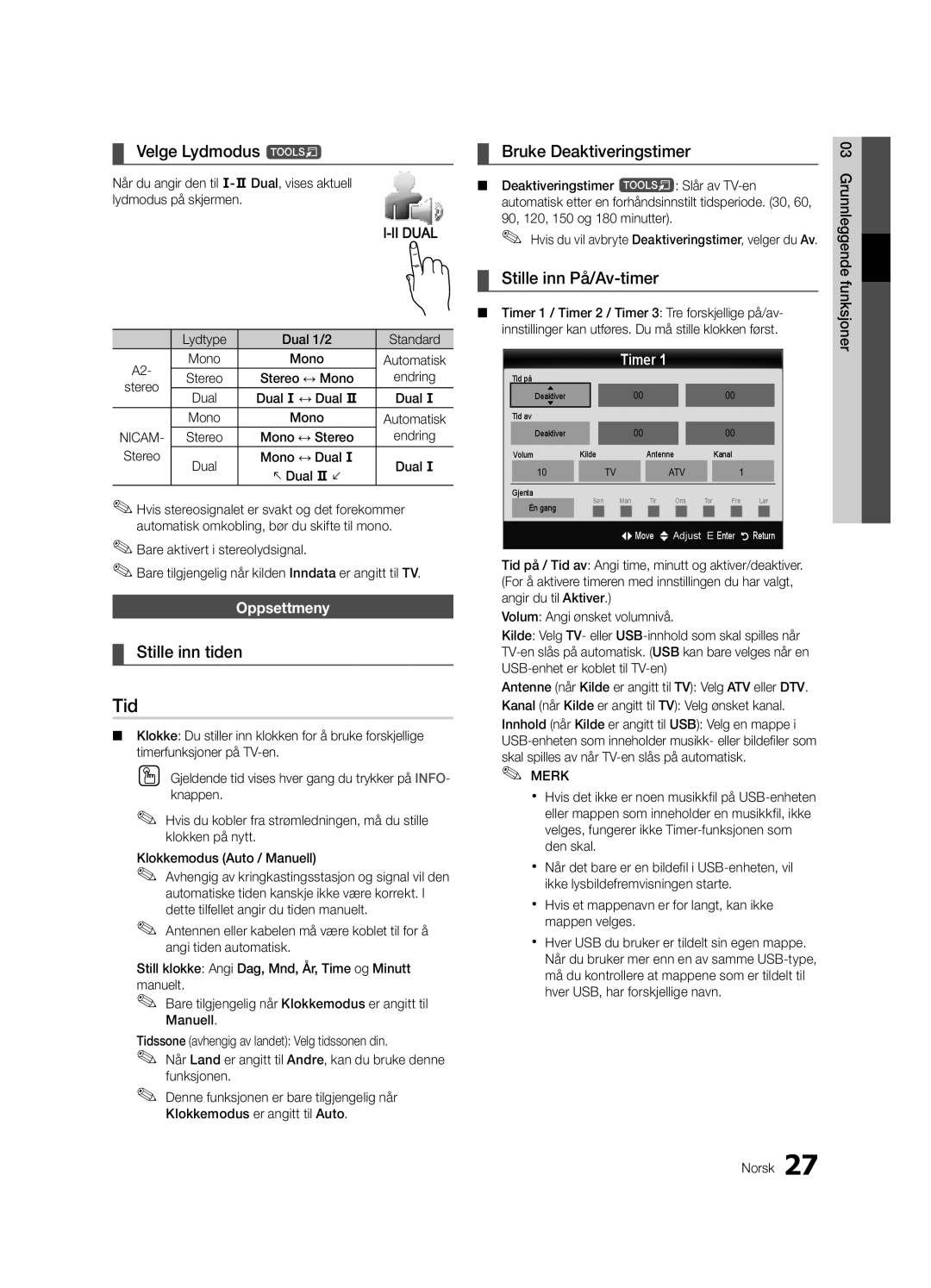 Samsung UE55C9000SWXZG Velge Lydmodus t, Stille inn tiden, Bruke Deaktiveringstimer, Stille inn På/Av-timer, Oppsettmeny 