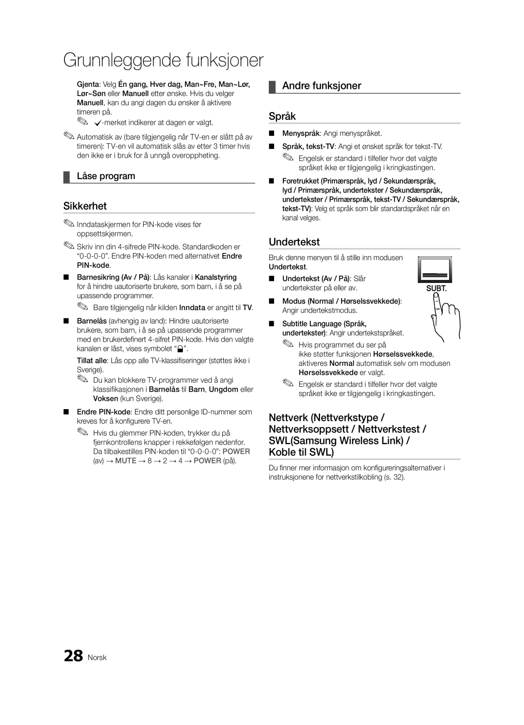 Samsung UE55C9090SWXZG, UE55C9000ZWXXC, UE55C9000SWXXN, UE55C9090ZWXZG manual Sikkerhet, Andre funksjoner Språk, Låse program 