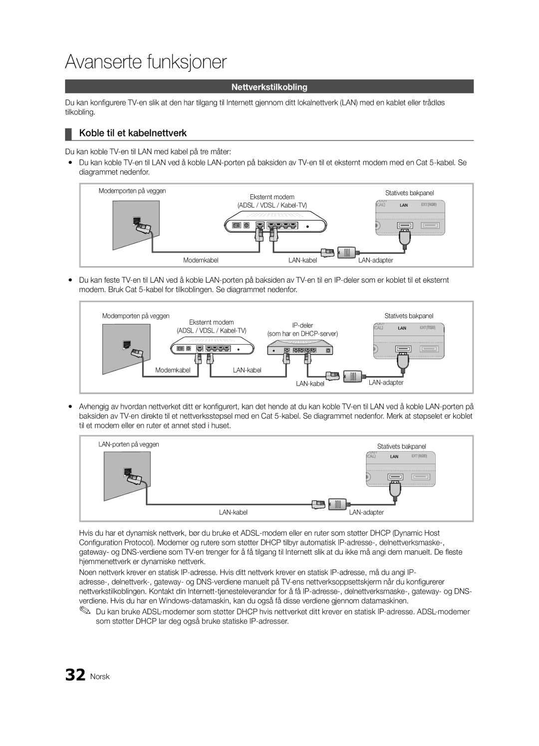 Samsung UE55C9000ZWXXN manual Koble til et kabelnettverk, Nettverkstilkobling, Modemporten på veggen, LAN-porten på veggen 