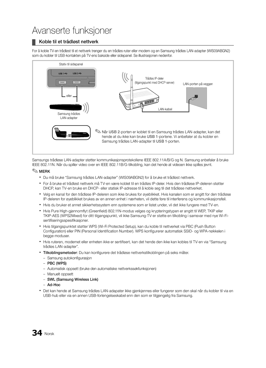 Samsung UE55C9000SWXZF Koble til et trådløst nettverk, Stativ til sidepanel, Eller LAN-kabel Samsung trådløs LAN-adapter 