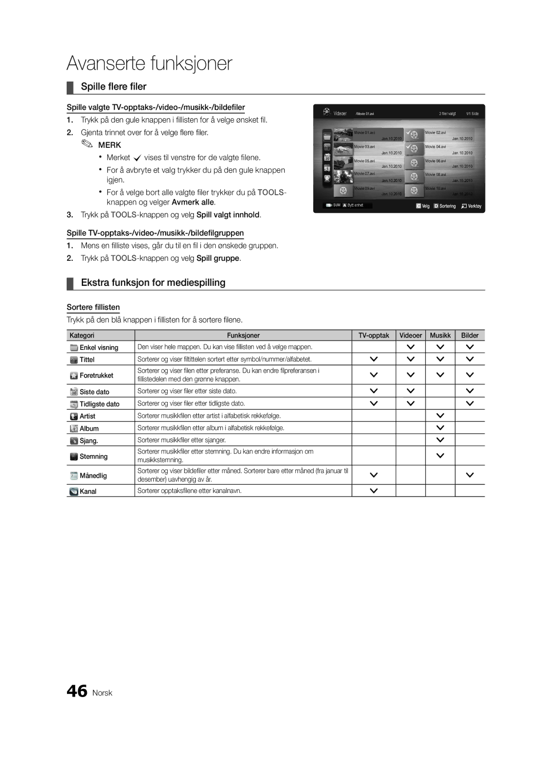 Samsung UE55C9080SWXZG manual Spille flere filer, Ekstra funksjon for mediespilling, Fillistedelen med den grønne knappen 