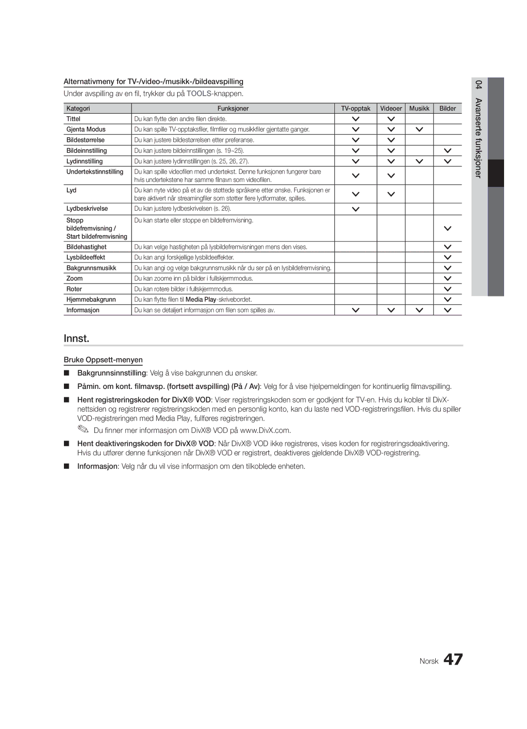 Samsung UE55C9000SWXZG, UE55C9090SWXZG manual Innst, Hvis undertekstene har samme filnavn som videofilen Lyd, Bildehastighet 