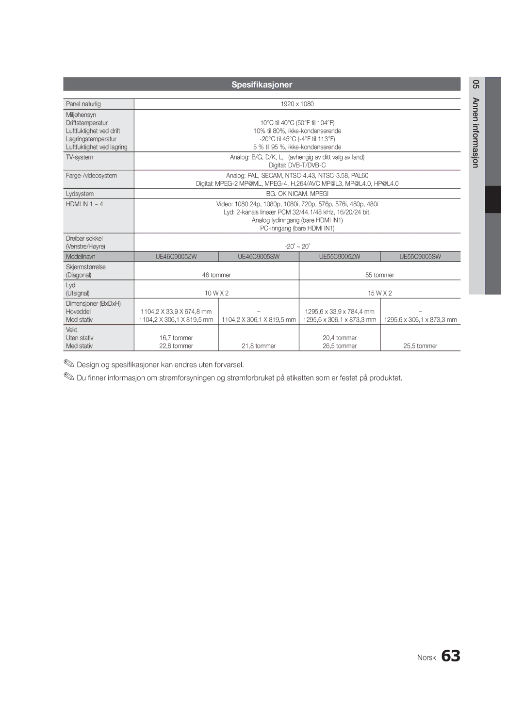 Samsung UE40C9005SWXXE, UE55C9090SWXZG, UE55C9000ZWXXC, UE55C9000SWXXN, UE55C9090ZWXZG, UE55C9000ZWXXN manual Spesifikasjoner 