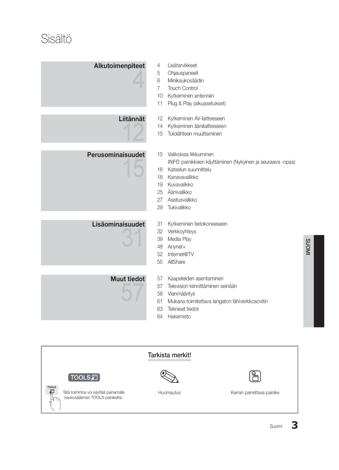 Samsung UE55C9000SWXZG manual Sisältö, Tarkista merkit, Info painikkeen käyttäminen Nykyinen ja seuraava -opas, Huomautus 