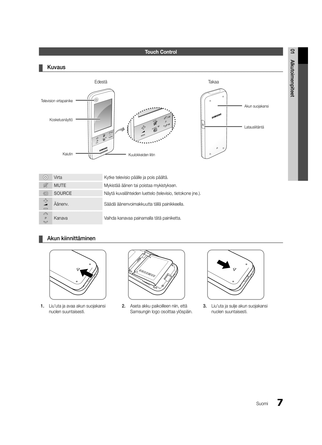 Samsung UE55C9090ZWXZG manual Touch Control, Edestä, Virta, Äänenv, Kanava Vaihda kanavaa painamalla tätä painiketta 