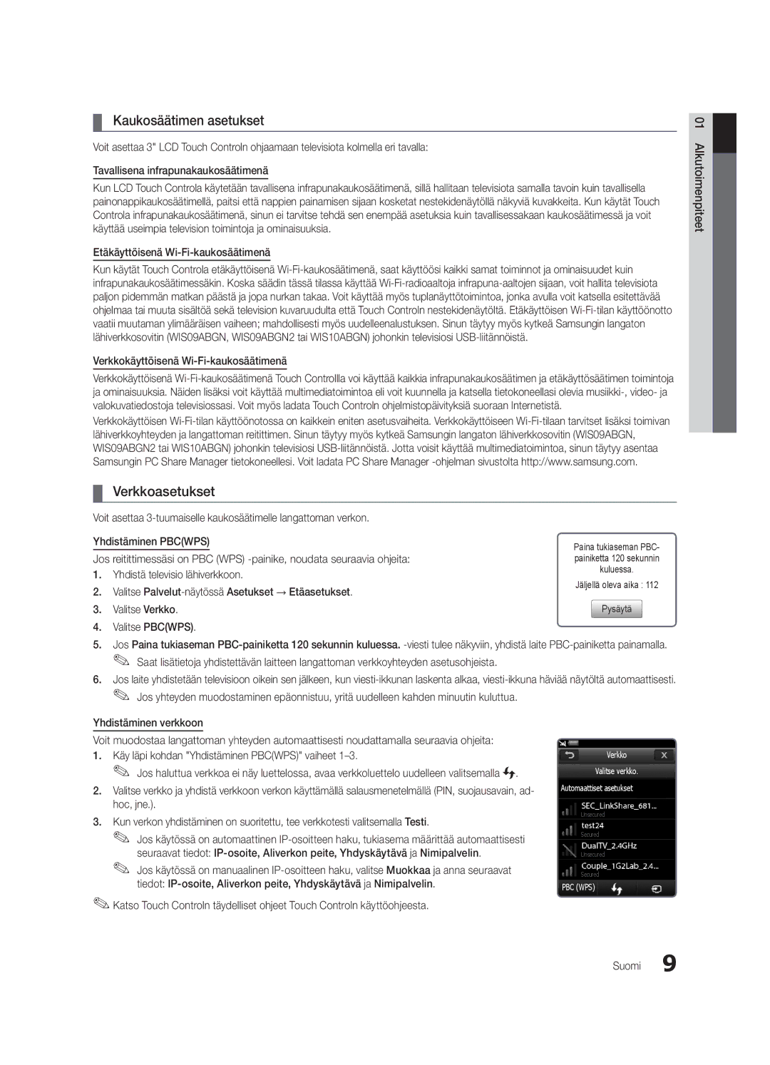 Samsung UE55C9000ZWXTK, UE55C9090SWXZG Kaukosäätimen asetukset, Verkkoasetukset, Verkkokäyttöisenä Wi-Fi-kaukosäätimenä 