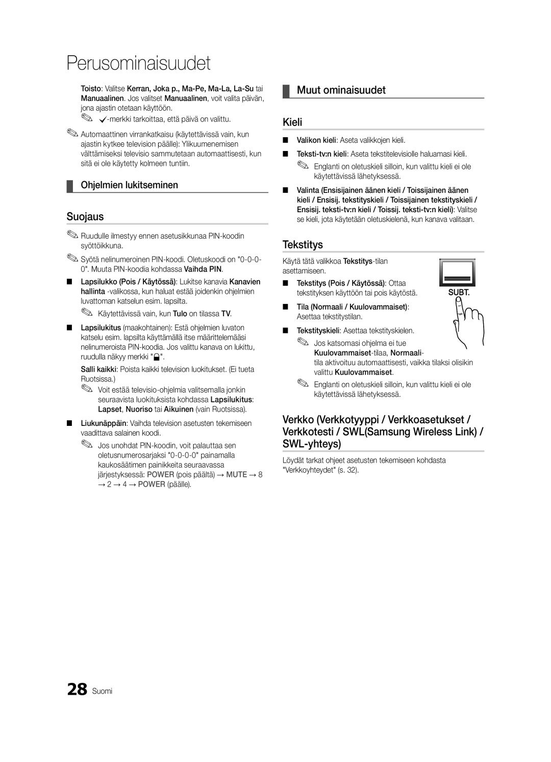 Samsung UE55C9000ZWXXN, UE55C9090SWXZG, UE55C9000ZWXXC Suojaus, Muut ominaisuudet Kieli, Tekstitys, Ohjelmien lukitseminen 