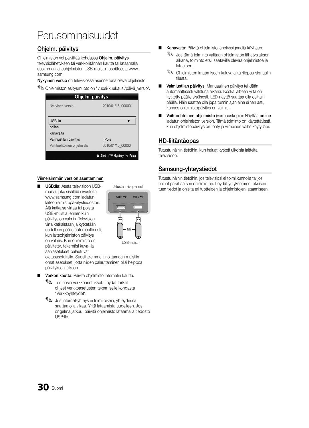 Samsung UE55C9000SWXZF, UE55C9090SWXZG, UE55C9000ZWXXC manual Ohjelm. päivitys, HD-liitäntäopas, Samsung-yhteystiedot 