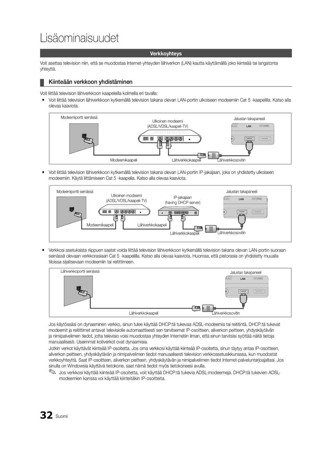 Samsung UE55C9000SWXXC, UE55C9090SWXZG, UE55C9000ZWXXC, UE55C9000SWXXN manual Kiinteään verkkoon yhdistäminen, Verkkoyhteys 