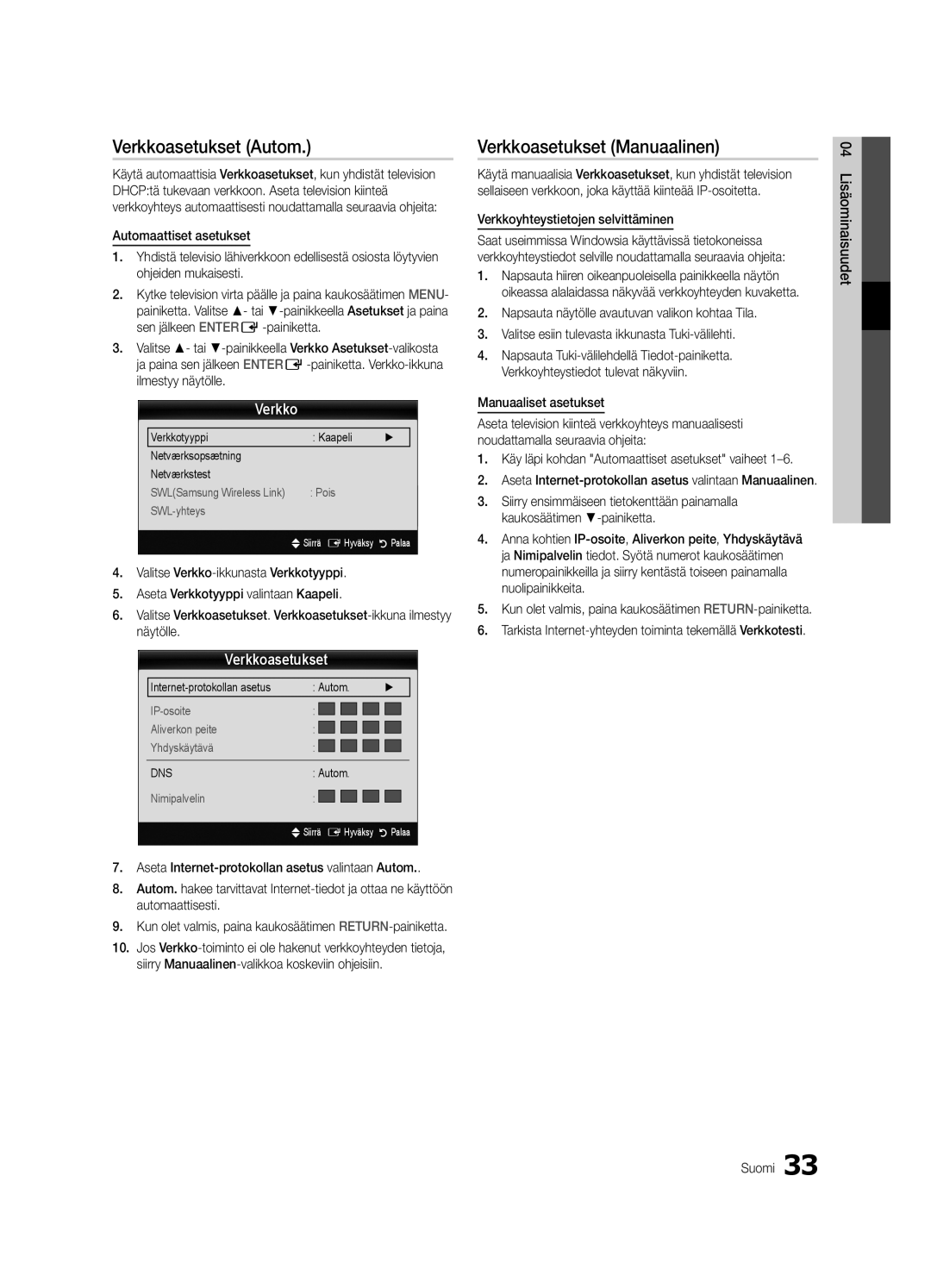 Samsung UE55C9000SWXXH, UE55C9090SWXZG, UE55C9000ZWXXC, UE55C9000SWXXN Verkkoasetukset Autom, Verkkoasetukset Manuaalinen 