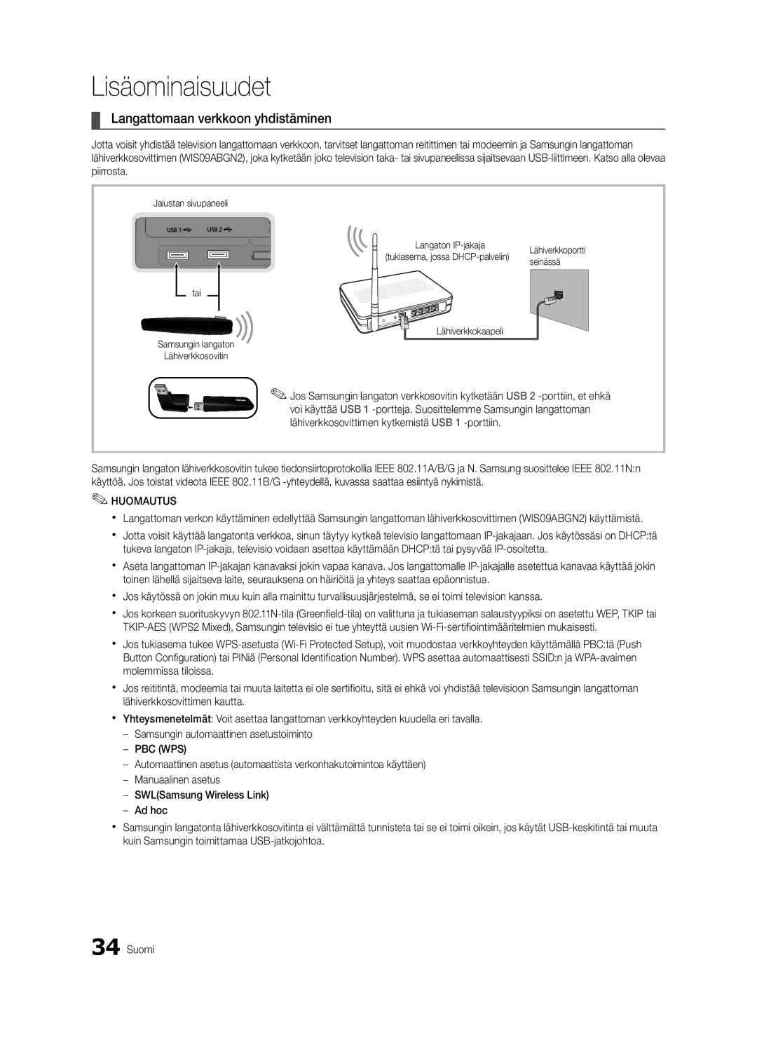 Samsung UE55C9000ZWXXH manual Langattomaan verkkoon yhdistäminen, Jalustan sivupaneeli Langaton IP-jakaja, Seinässä 