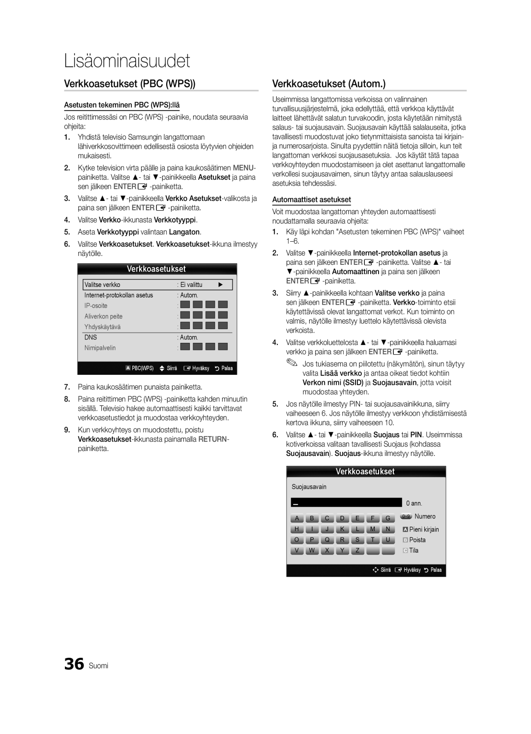 Samsung UE40C9005ZWXXE manual Verkkoasetukset PBC WPS, Paina kaukosäätimen punaista painiketta, Suojausavain Ann ~9 Numero 