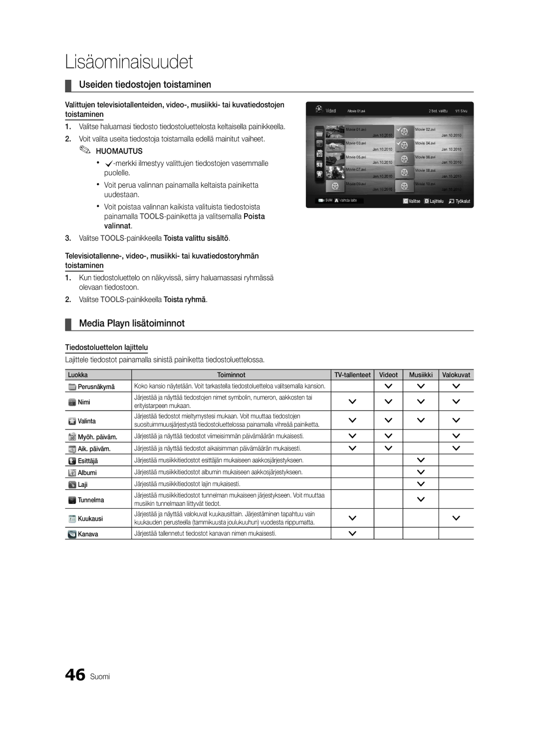 Samsung UE55C9000SWXXN, UE55C9090SWXZG, UE55C9000ZWXXC manual Useiden tiedostojen toistaminen, Media Playn lisätoiminnot 