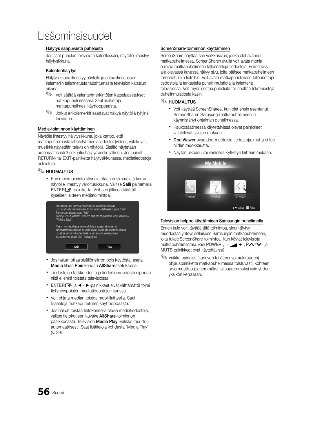 Samsung UE40C9005ZWXXE, UE55C9090SWXZG, UE55C9000ZWXXC manual My Mobile, Television helppo käyttäminen Samsungin puhelimella 