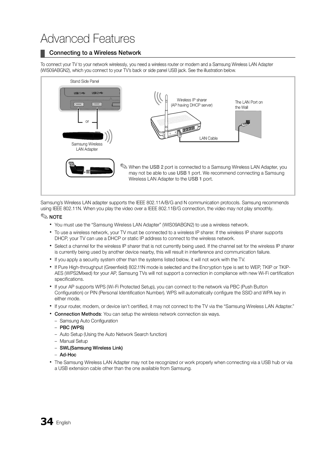 Samsung UE46C9005SWXXE, UE55C9090SWXZG manual Connecting to a Wireless Network, Wall, LAN Cable Samsung Wireless LAN Adapter 