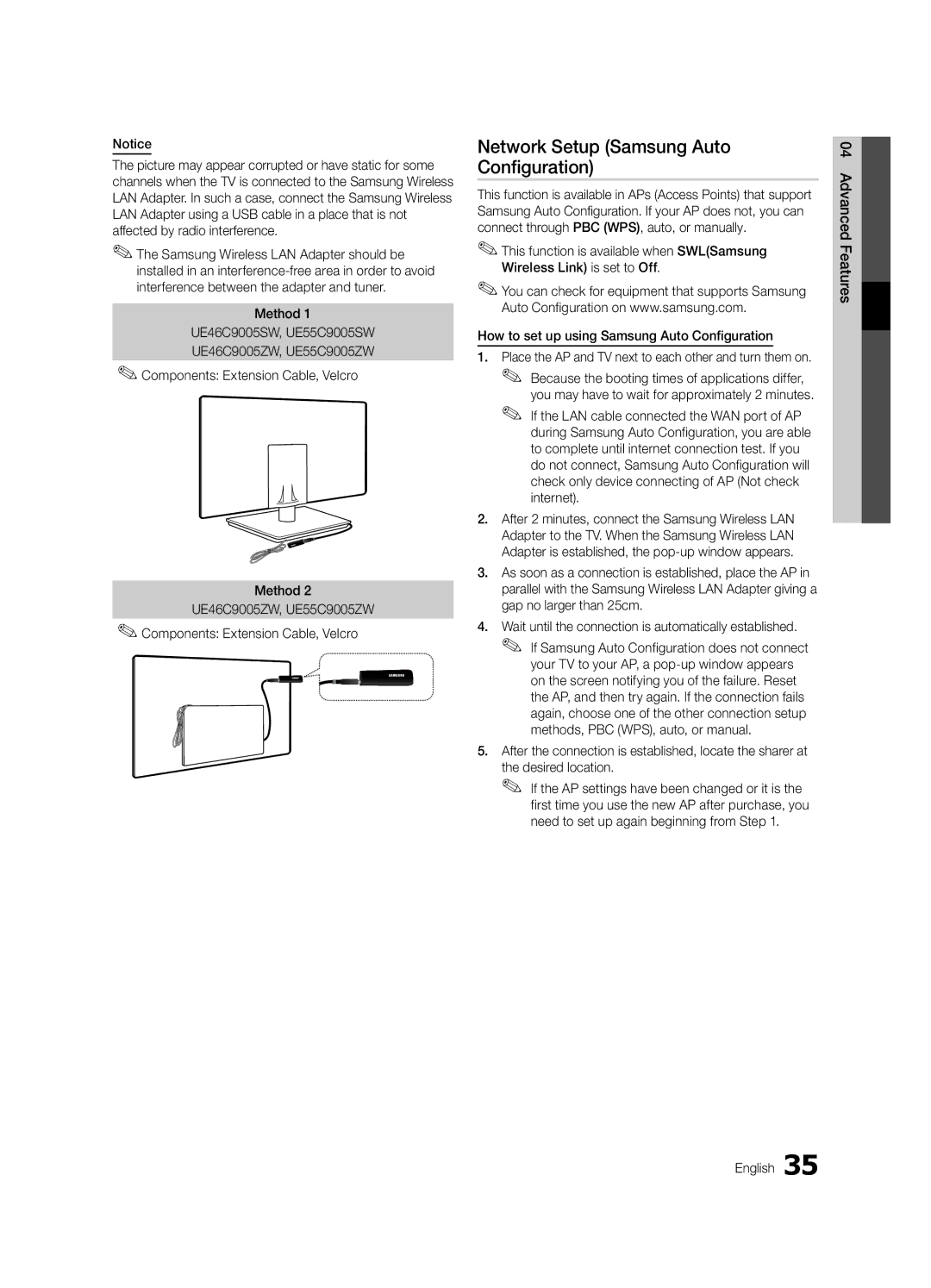 Samsung UE40C9005SWXXE manual Network Setup Samsung Auto Configuration, Method UE46C9005SW, UE55C9005SW, Desired location 