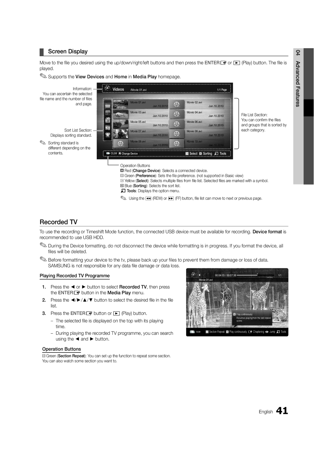 Samsung UE55C9000ZWXXC, UE55C9090SWXZG, UE55C9000SWXXN, UE55C9090ZWXZG manual Recorded TV, Screen Display, Operation Buttons 