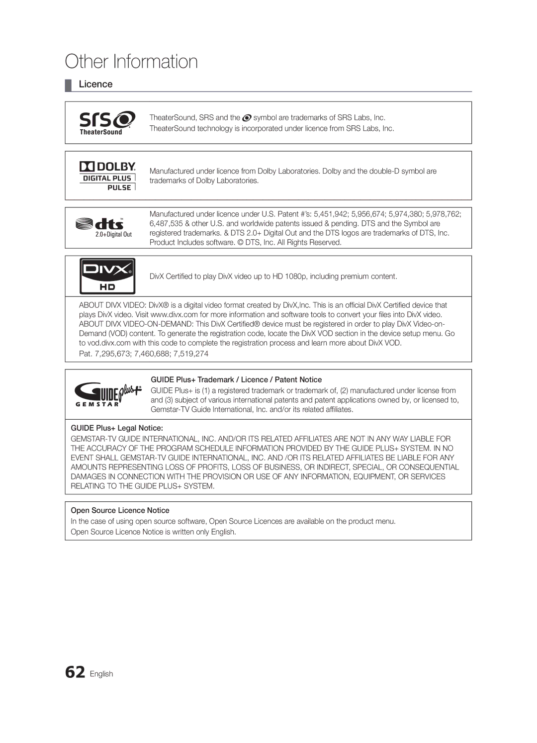 Samsung UE55C9000SWXXN, UE55C9090SWXZG, UE55C9000ZWXXC, UE55C9090ZWXZG, UE55C9000ZWXXN manual Licence, Guide Plus+ Legal Notice 