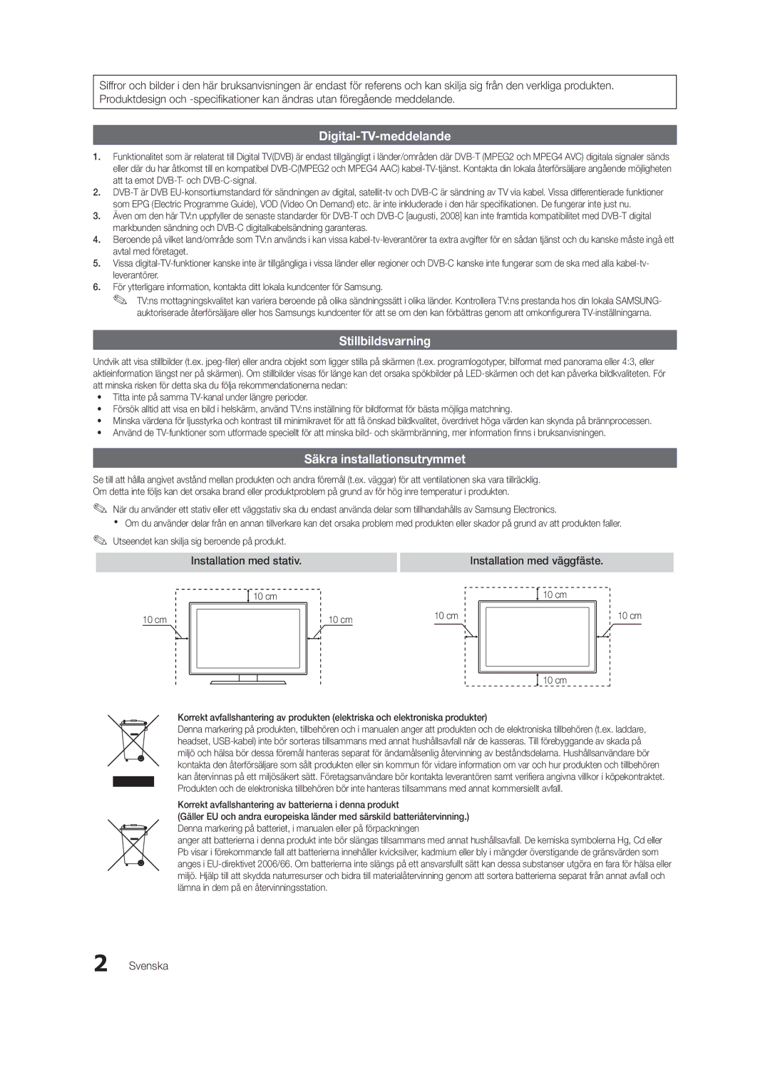 Samsung UE55C9000SWXZF, UE55C9090SWXZG, UE55C9000ZWXXC manual Installation med stativ Installation med väggfäste, Svenska 