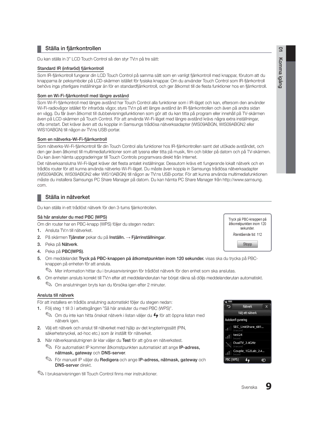 Samsung UE55C9005SWXXE manual Ställa in fjärrkontrollen, Ställa in nätverket, Ansluta TVn till nätverket, Peka på Nätverk 