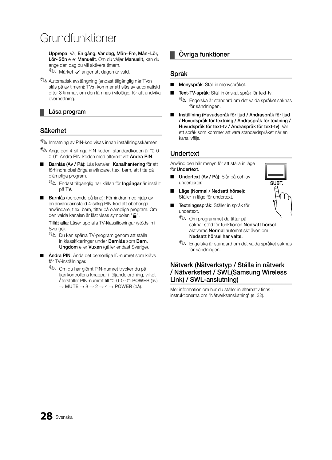 Samsung UE40C9005ZWXXE, UE55C9090SWXZG, UE55C9000ZWXXC manual Säkerhet, Övriga funktioner Språk, Undertext, Låsa program 