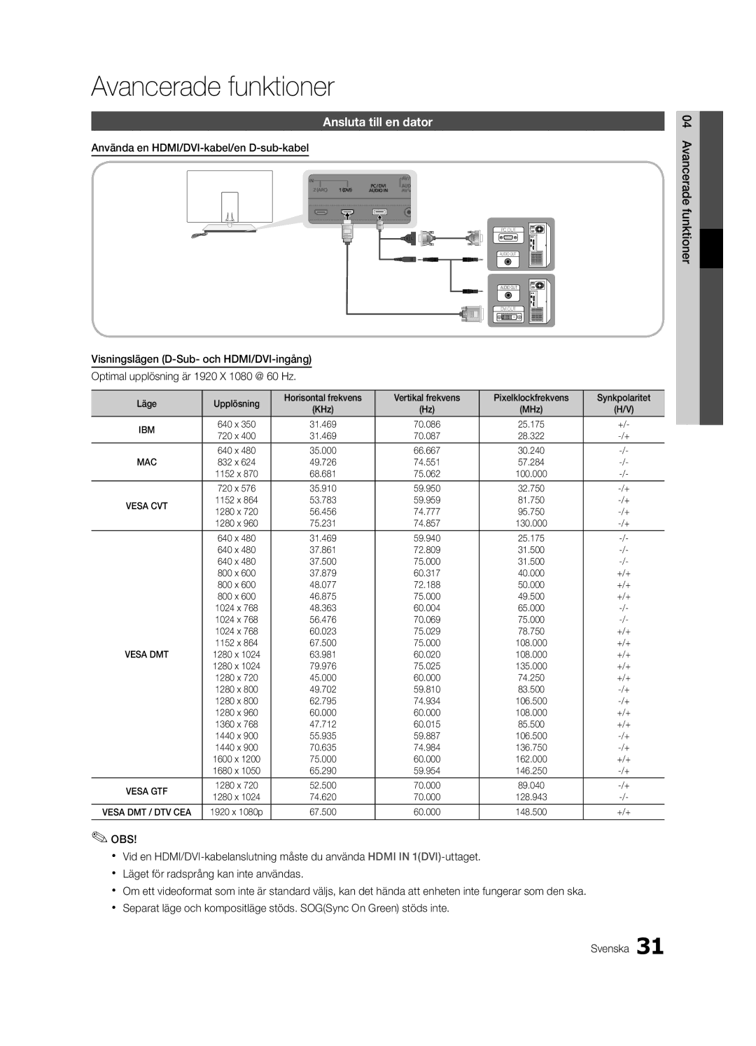 Samsung UE40C9005SWXXE manual Avancerade funktioner, Ansluta till en dator, Använda en HDMI/DVI-kabel/en D-sub-kabel 